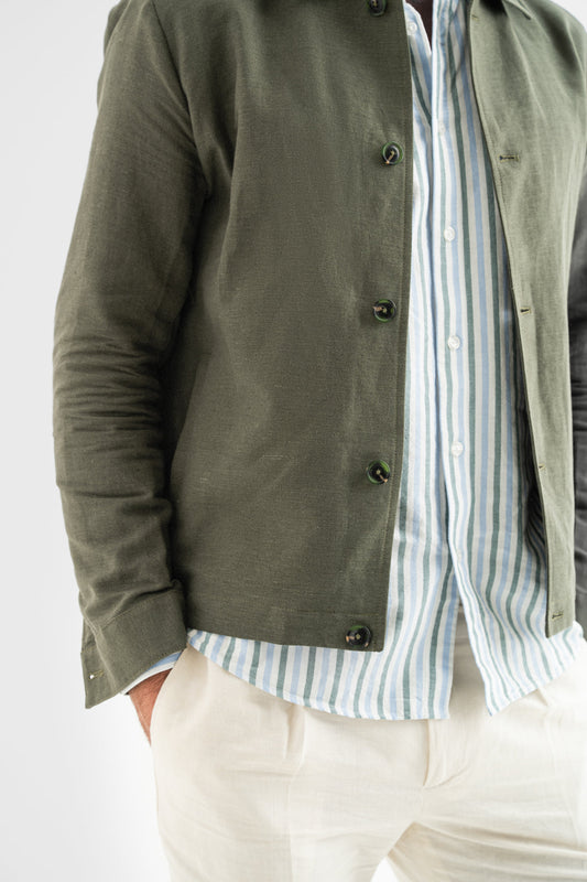 Olive Linen-Blend Overshirt