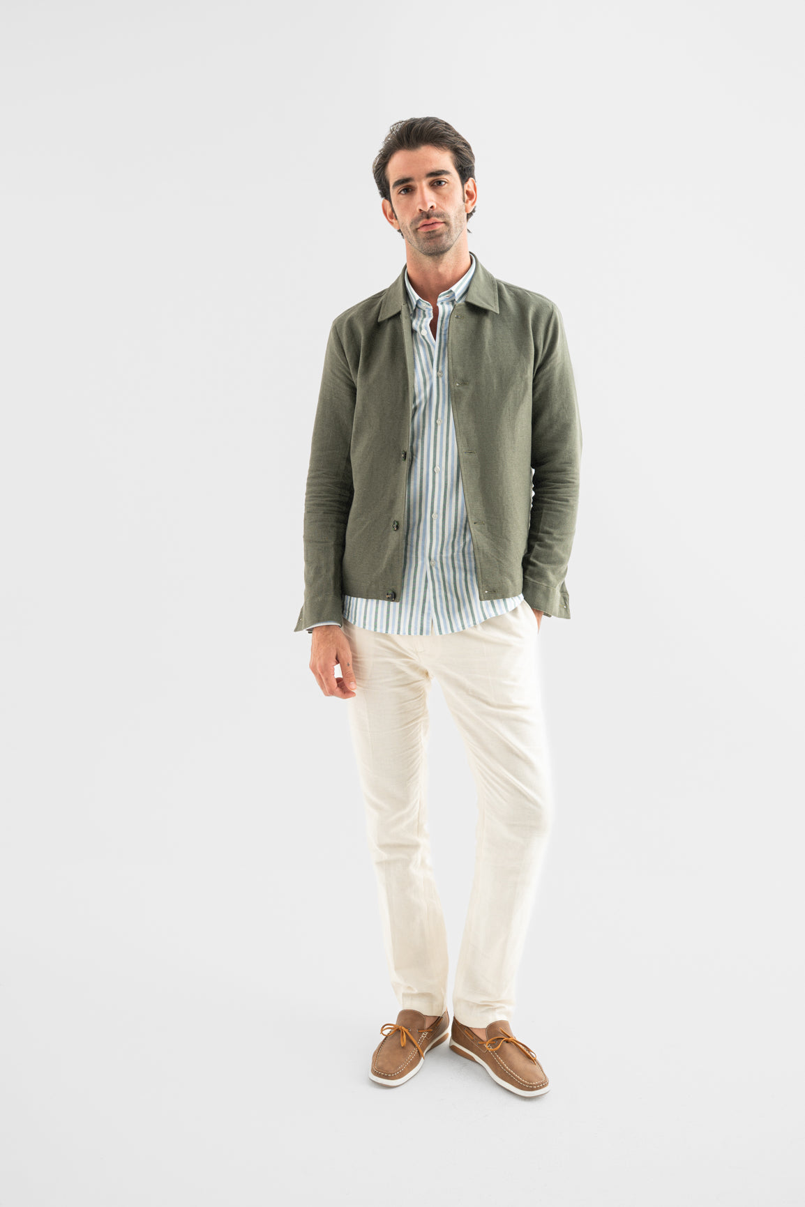 Olive Linen-Blend Overshirt