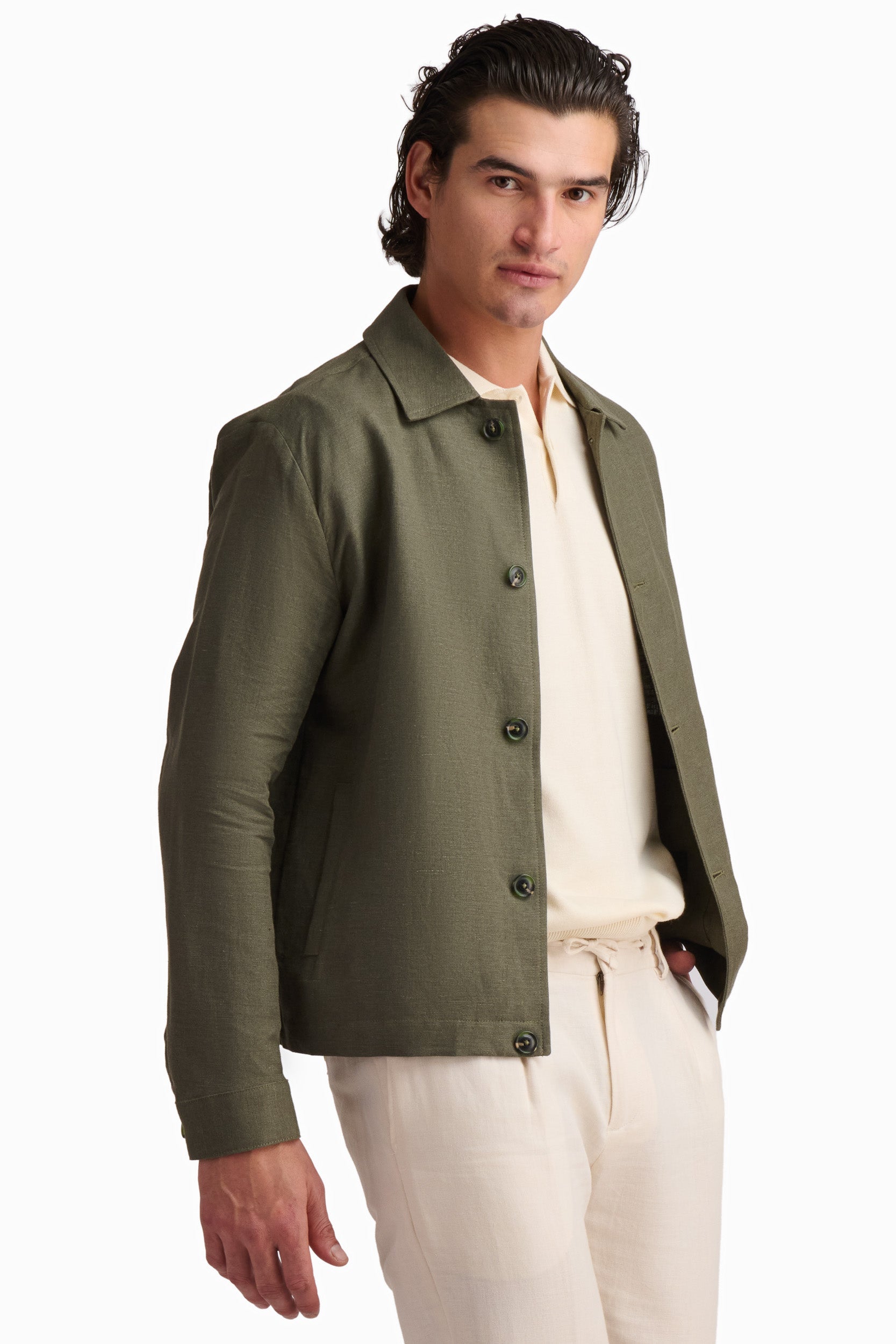 Olive Linen-Blend Overshirt