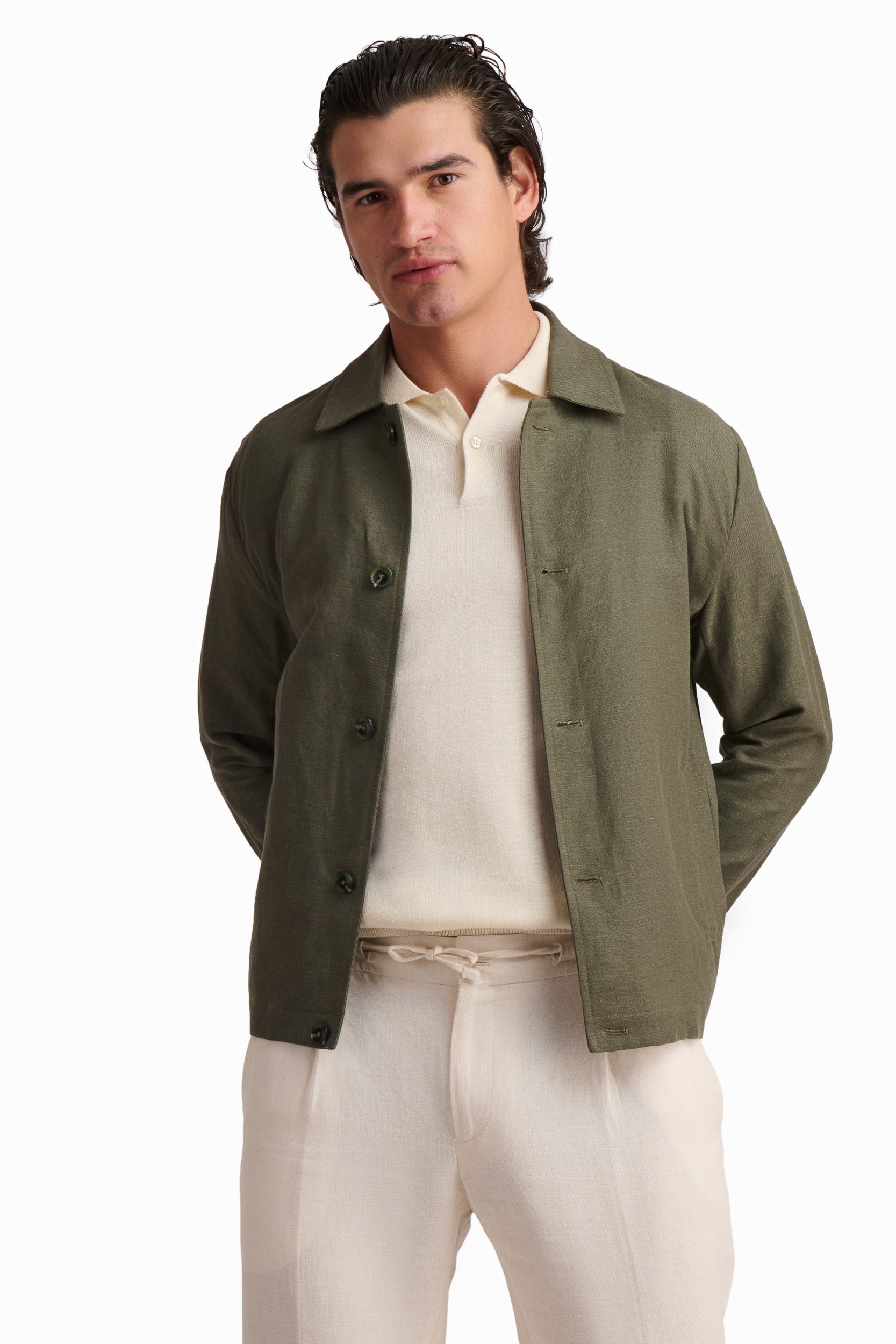 Olive Linen-Blend Overshirt