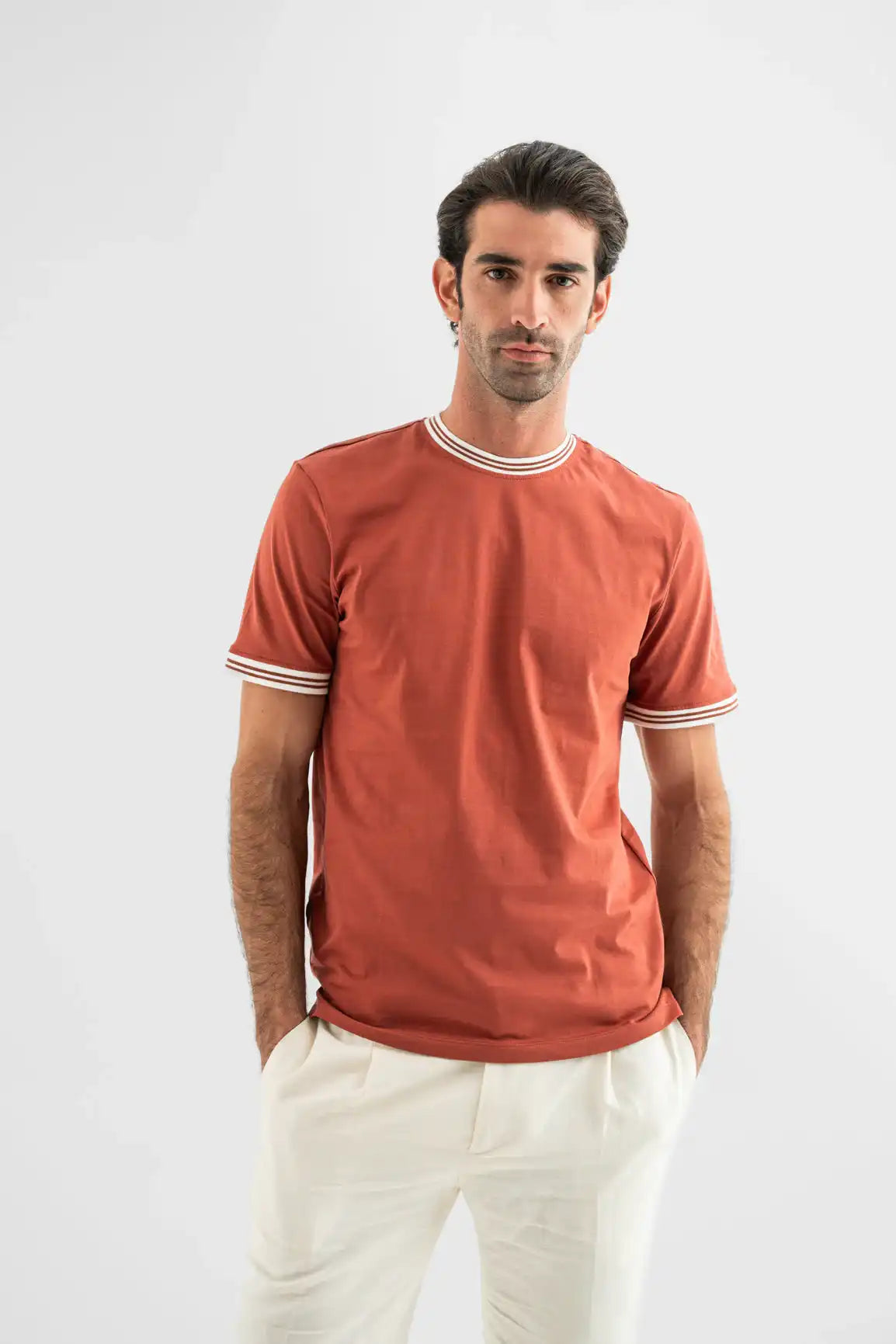 Rust Contrast-Trim Cotton T-Shirt