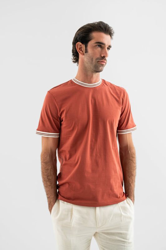 Rust Contrast-Trim Cotton T-Shirt