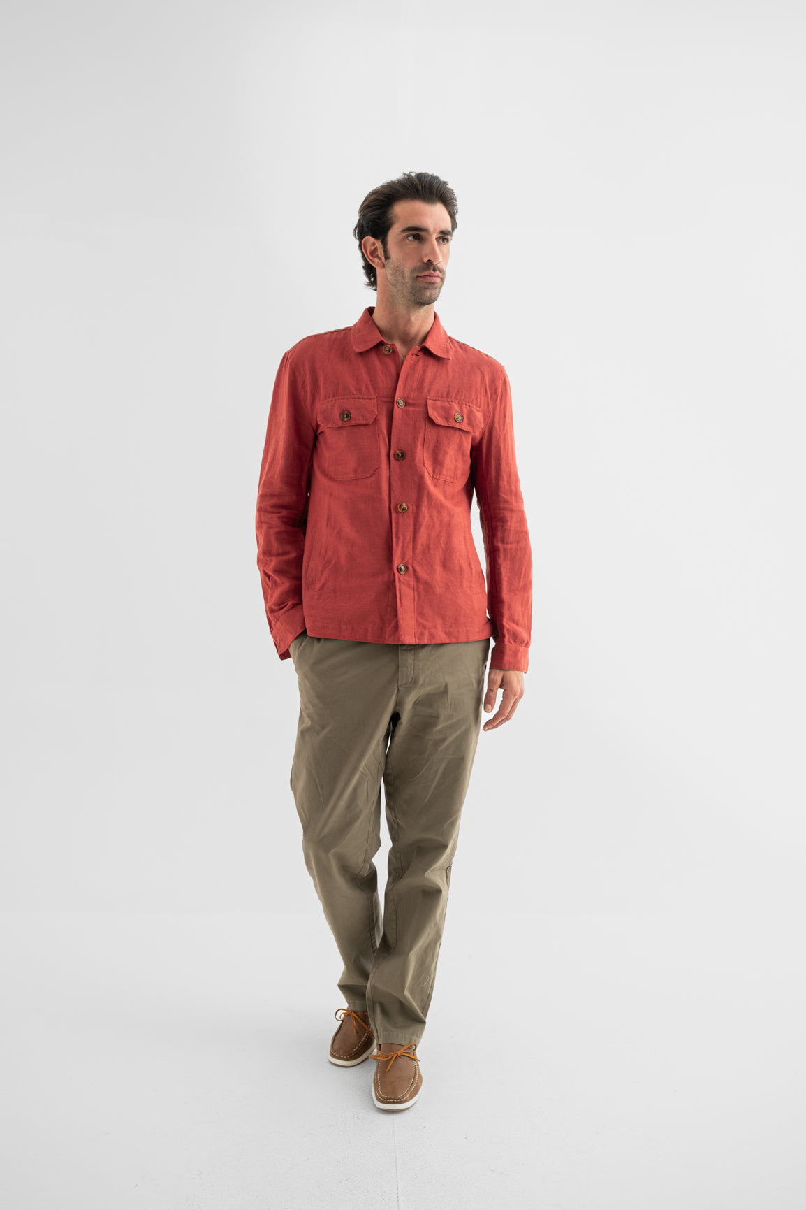 Rust Linen-Blend Utility Shirt Jacket