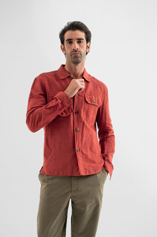 Rust Linen-Blend Utility Shirt Jacket
