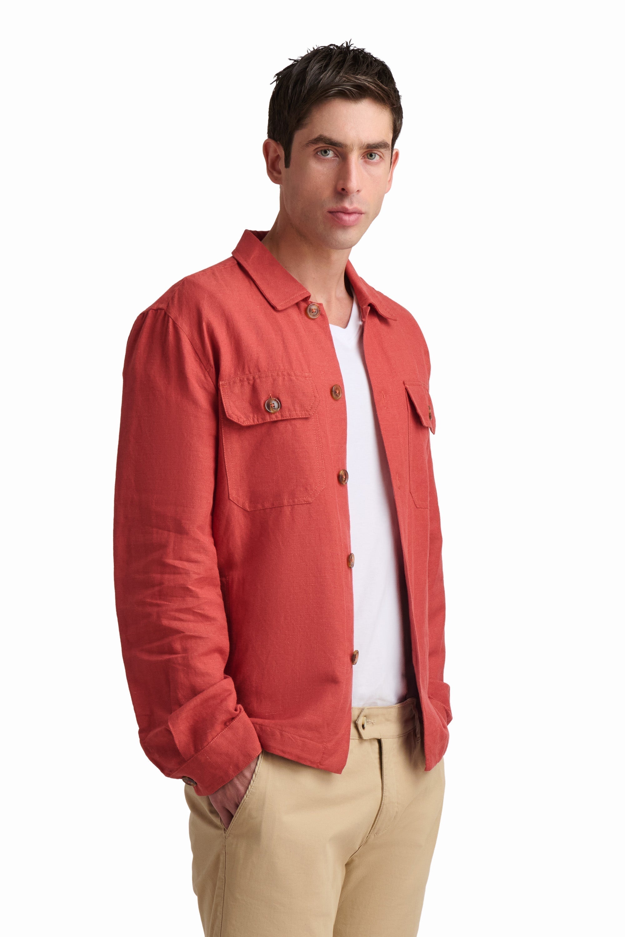 Rust Linen-Blend Utility Shirt Jacket