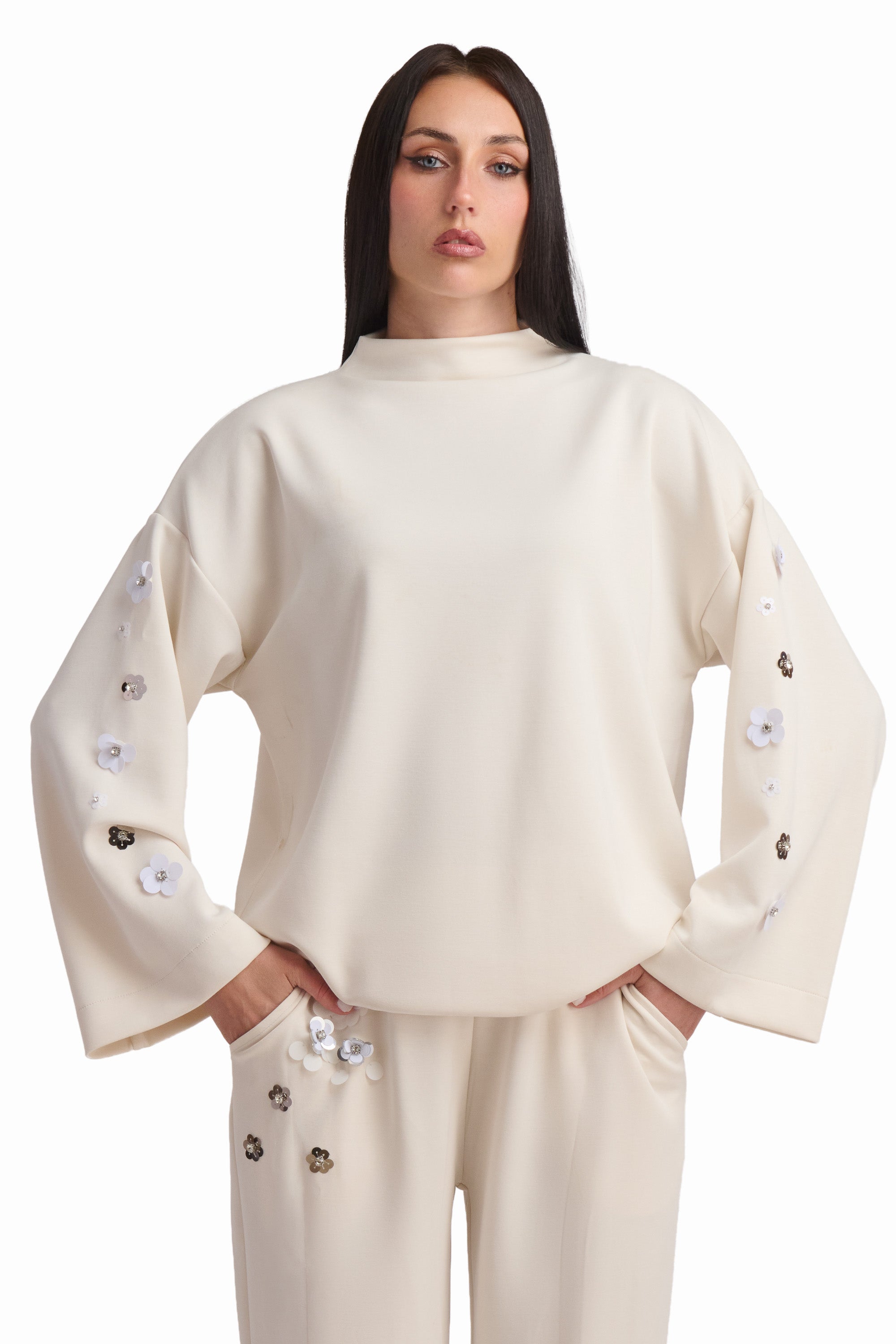 Cream 3D Floral Sleeve Sweatshirt