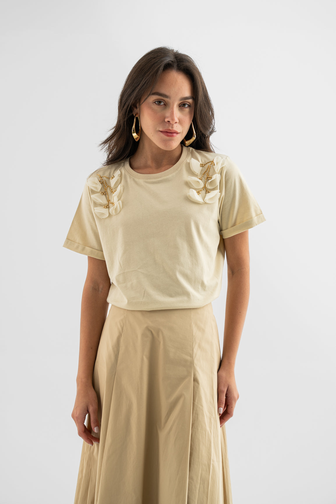 Cream T-Shirt with Shoulder Appliqué
