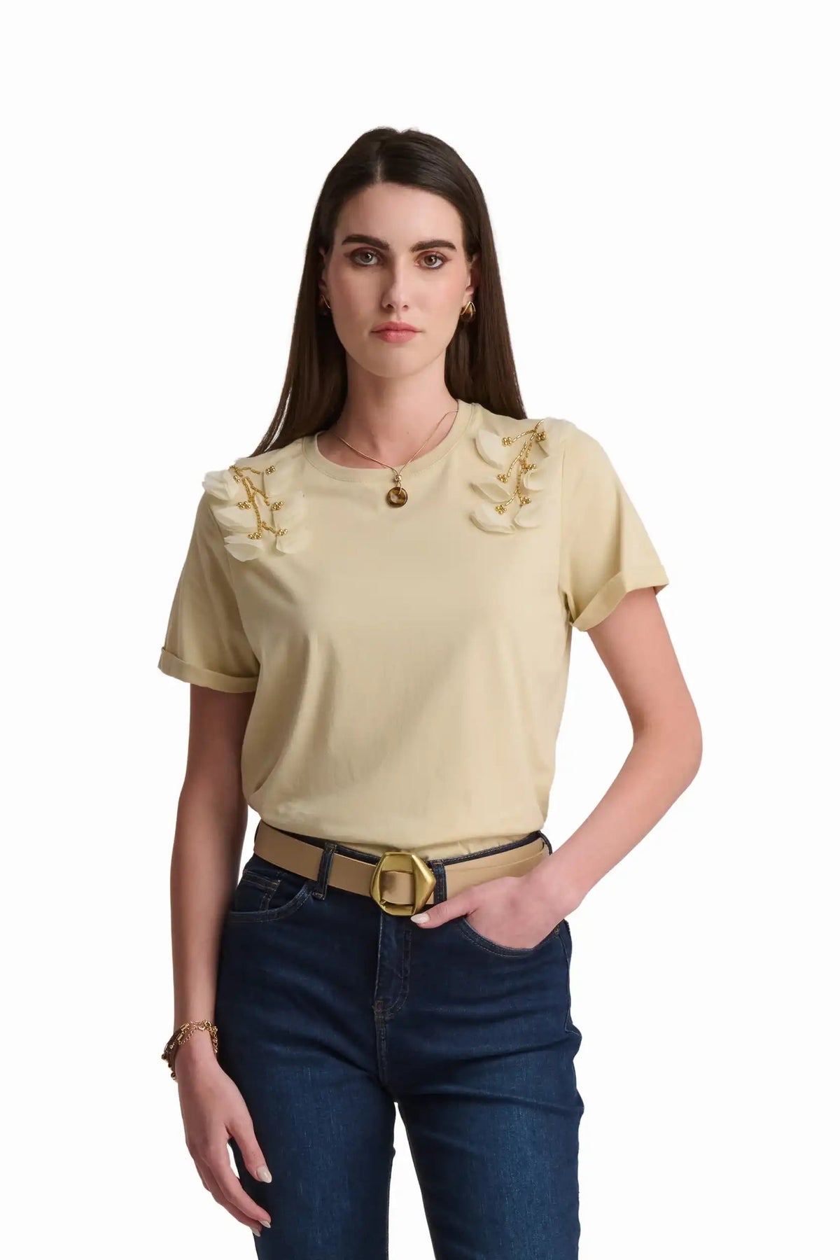Cream T-Shirt with Shoulder AppliquÌ©