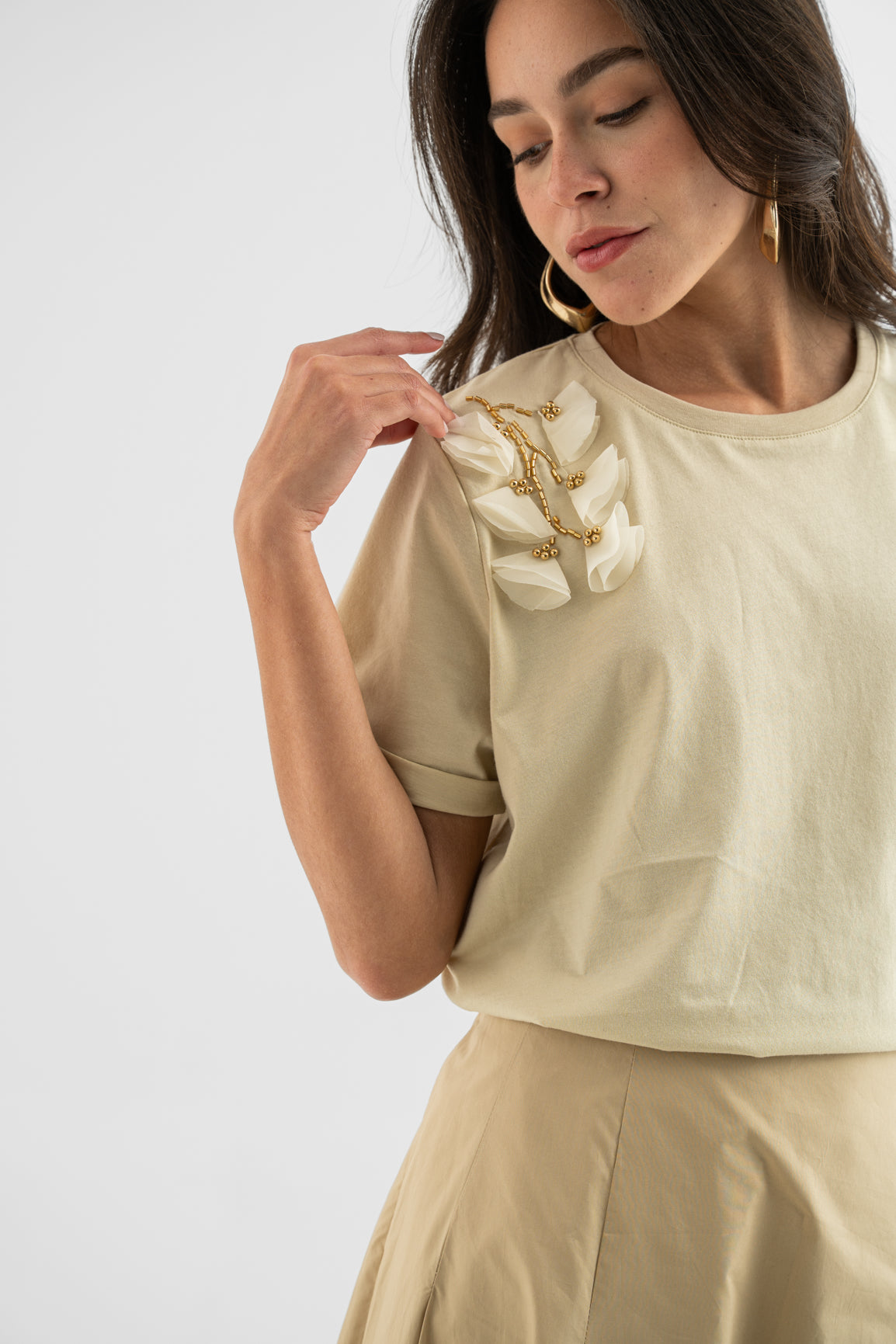 Cream T-Shirt with Shoulder Appliqué