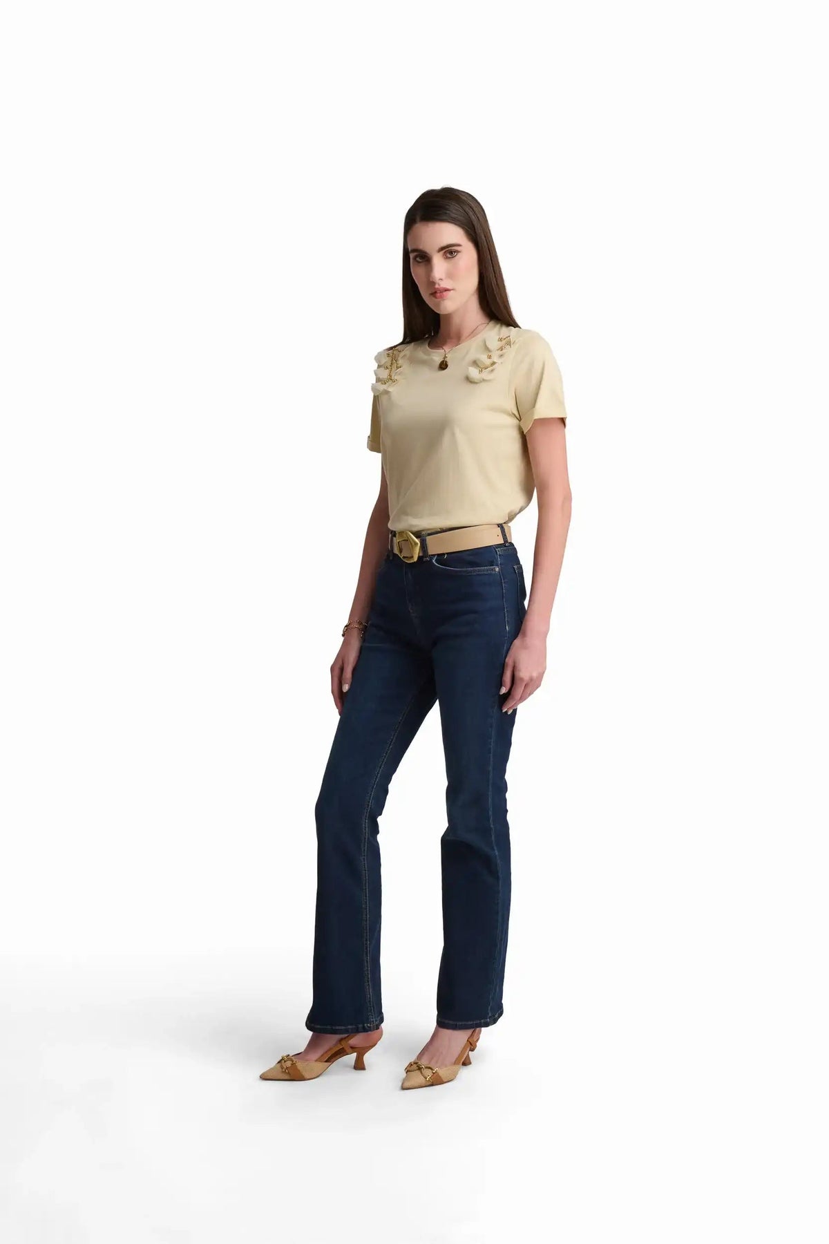 Cream T-Shirt with Shoulder AppliquÌ©