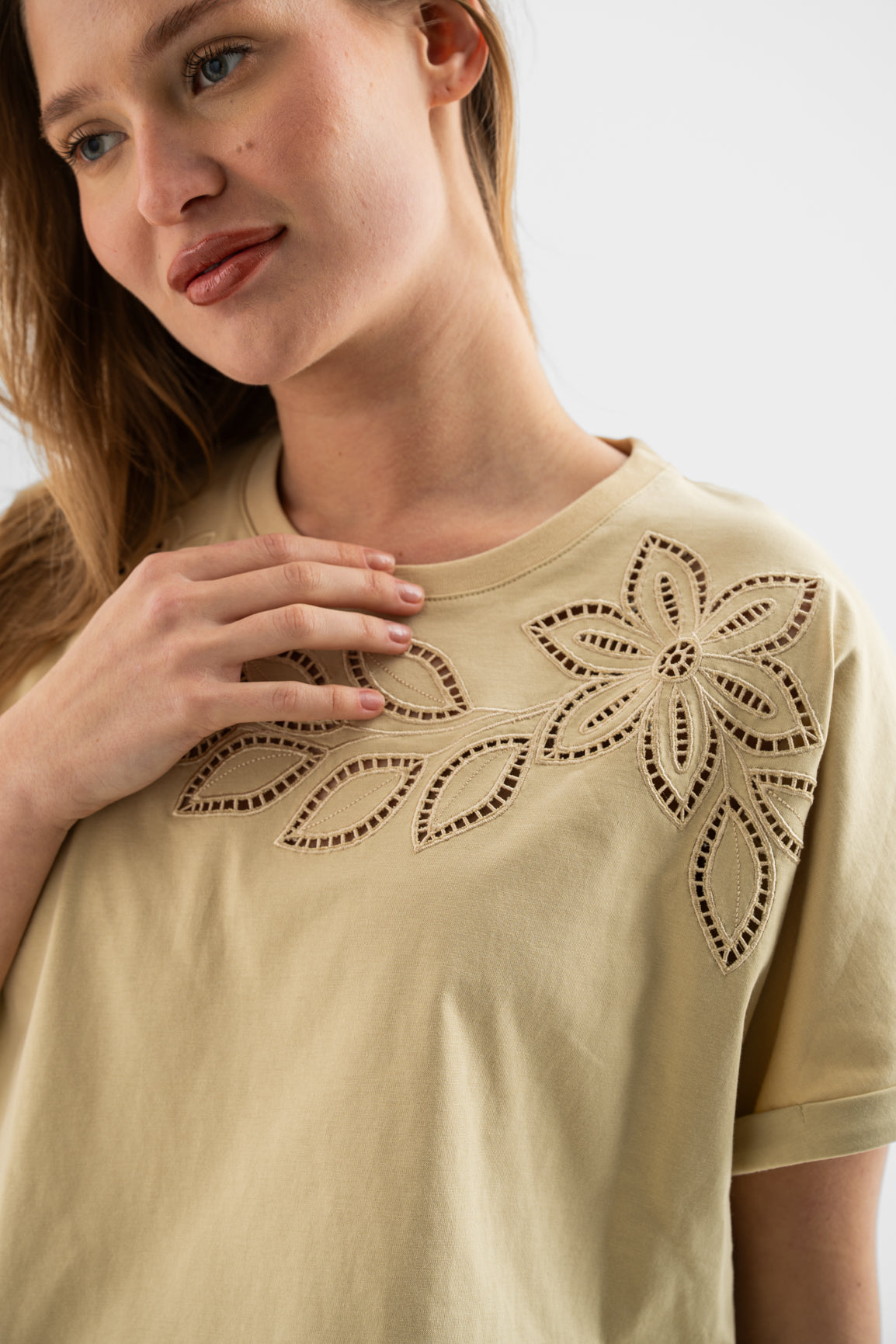 Cotton Jersey Top with Intricate Shoulder Embroidery