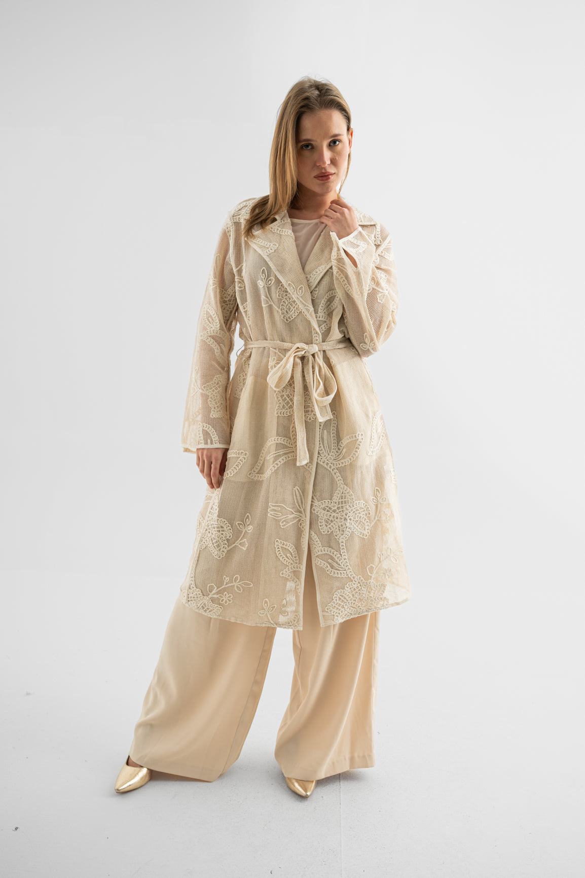 100% Cotton Embroidered Kimono: Cream Floral Lace Duster
