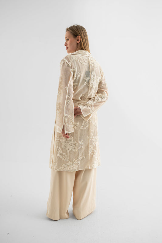 100% Cotton Embroidered Kimono: Cream Floral Lace Duster