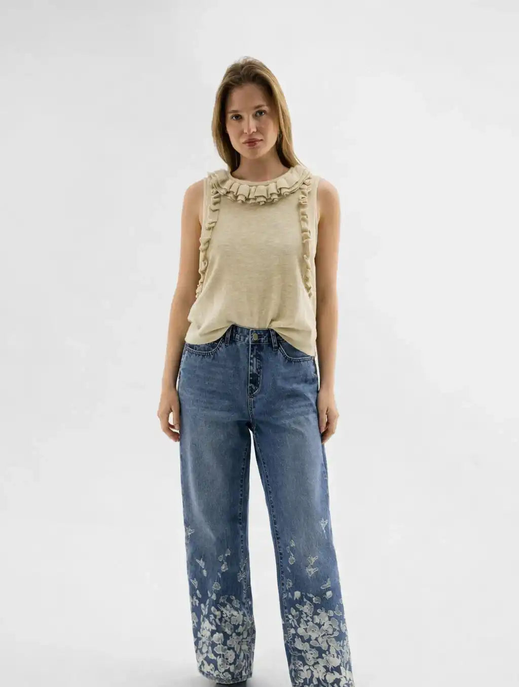 Ruffle-Neck Sleeveless Knit Top