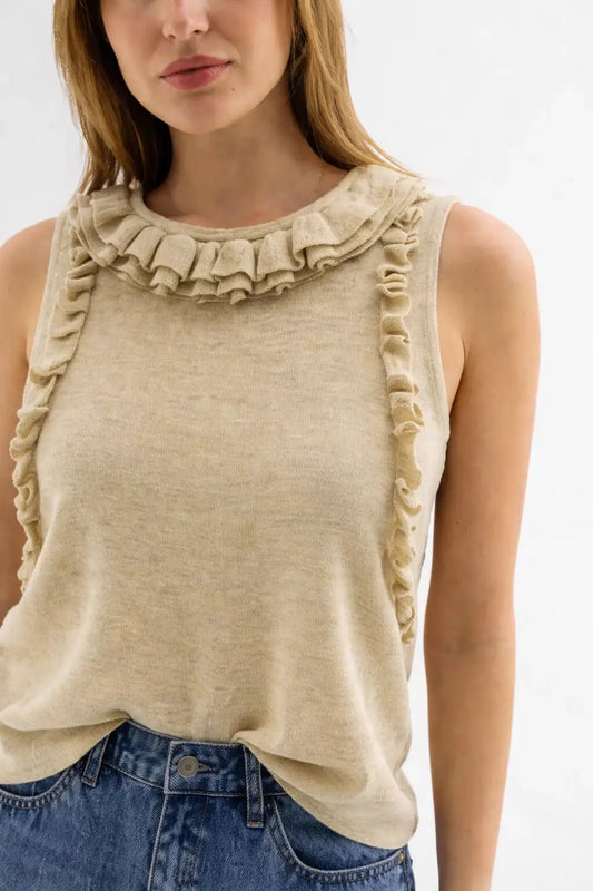 Ruffle-Neck Sleeveless Knit Top