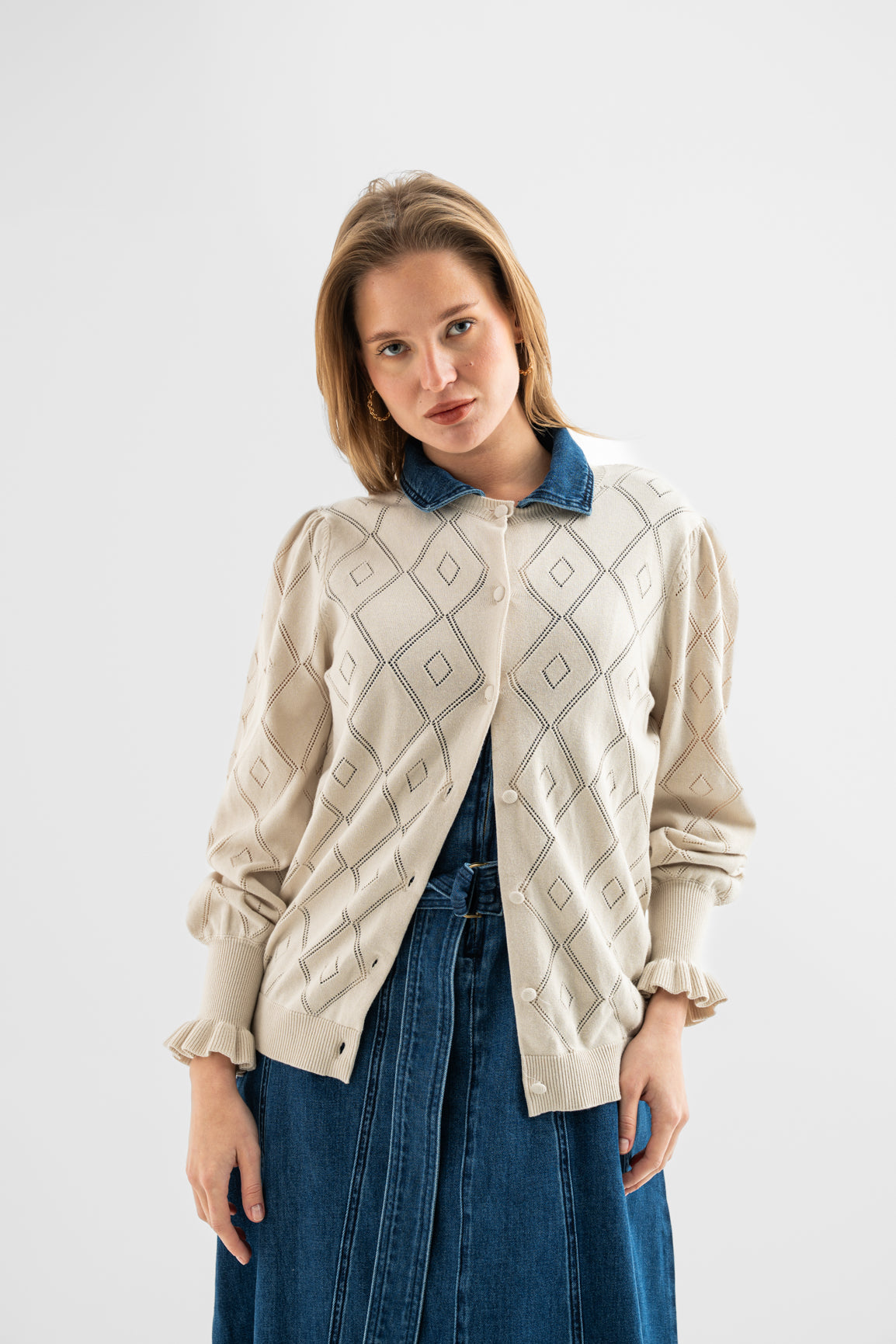 Ivory Diamond Knit Cotton Cardigan