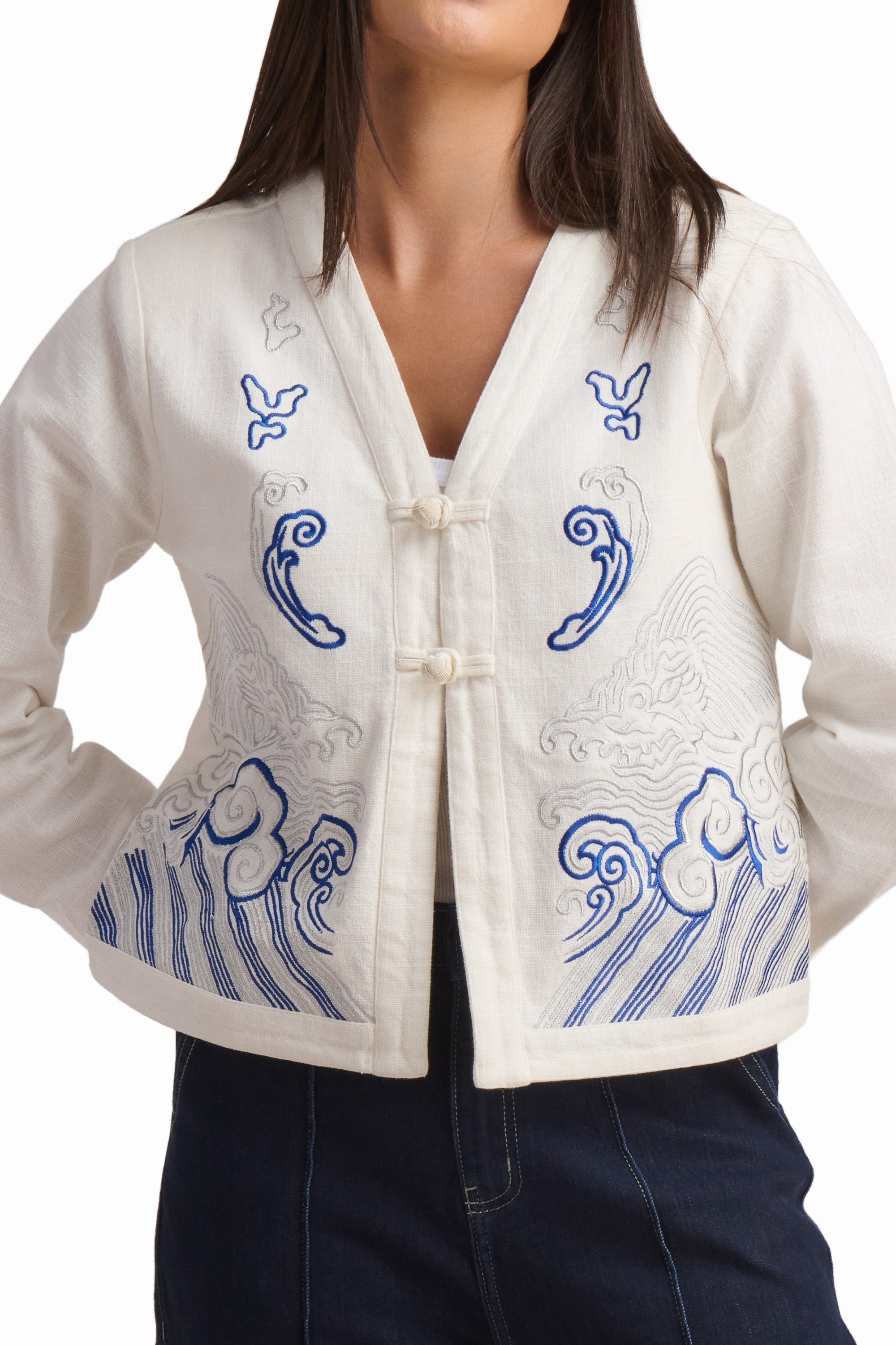 Ocean Whisper Embroidered Cotton Jacket