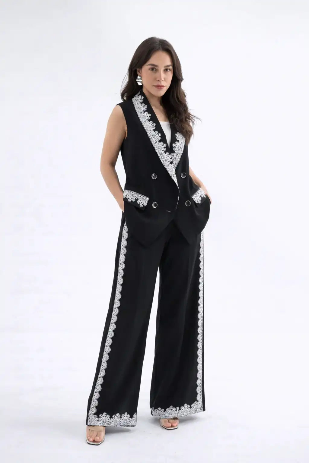 Tailored Vest with Contrast Embellished Collar