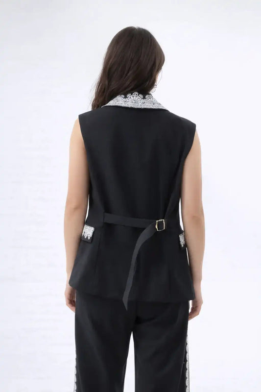 Tailored Vest with Contrast Embellished Collar