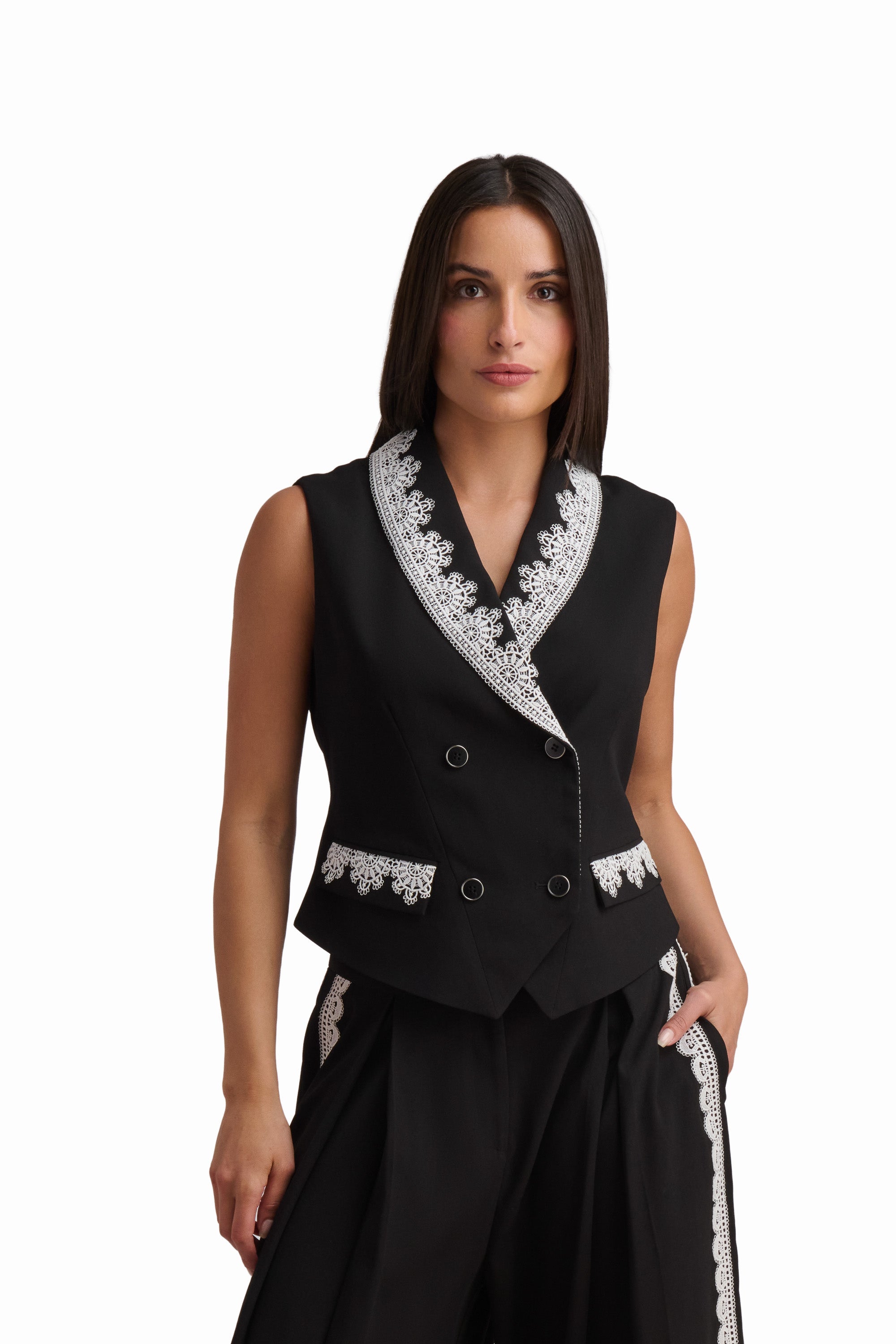 Tailored Vest with Contrast Embellished Collar