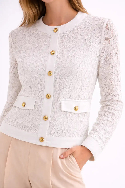 كارديجان دانتيل أبيض بأزرار ذهبية