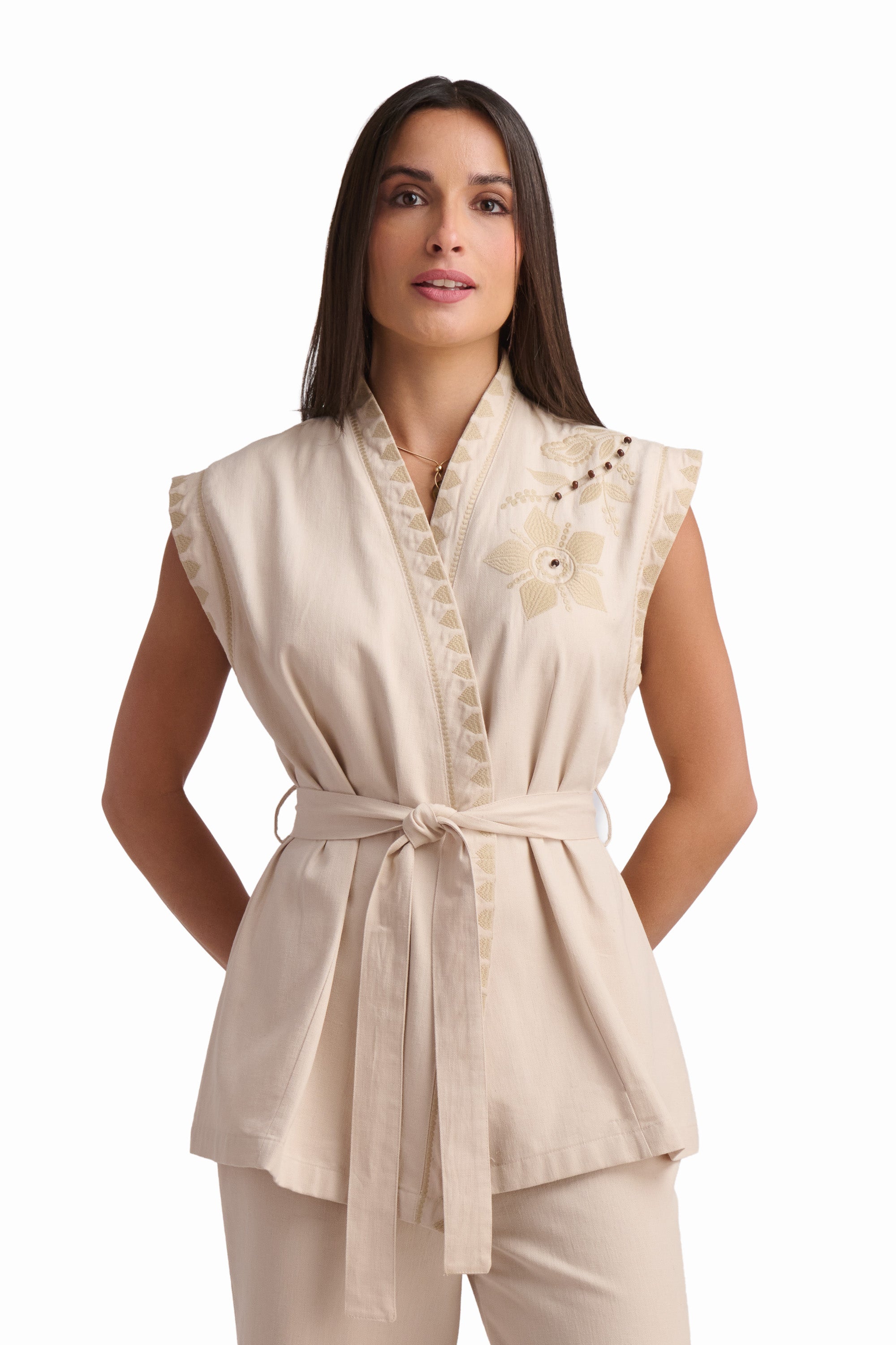 Beige Embroidered Sleeveless Vest