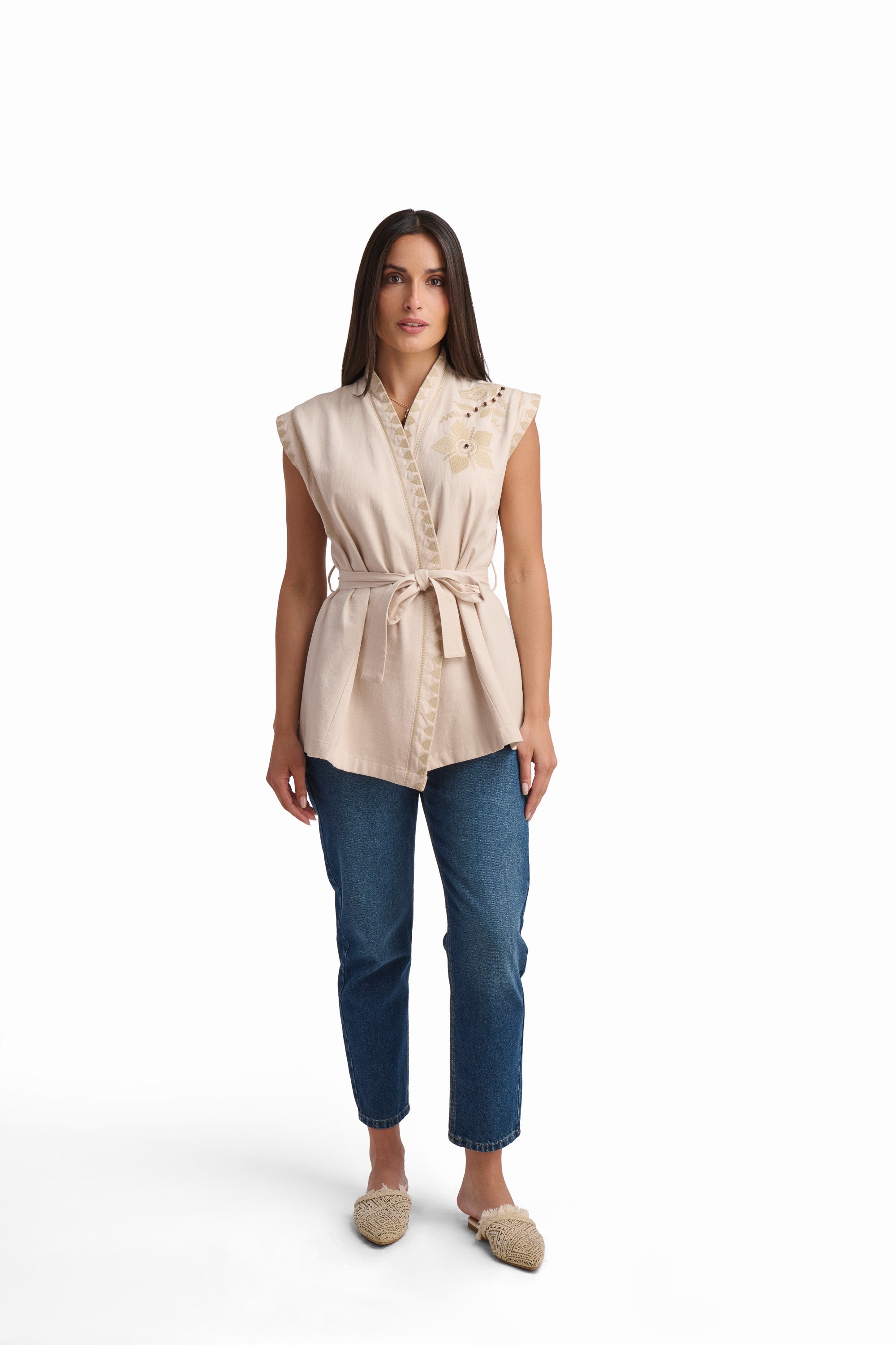 Beige Embroidered Sleeveless Vest