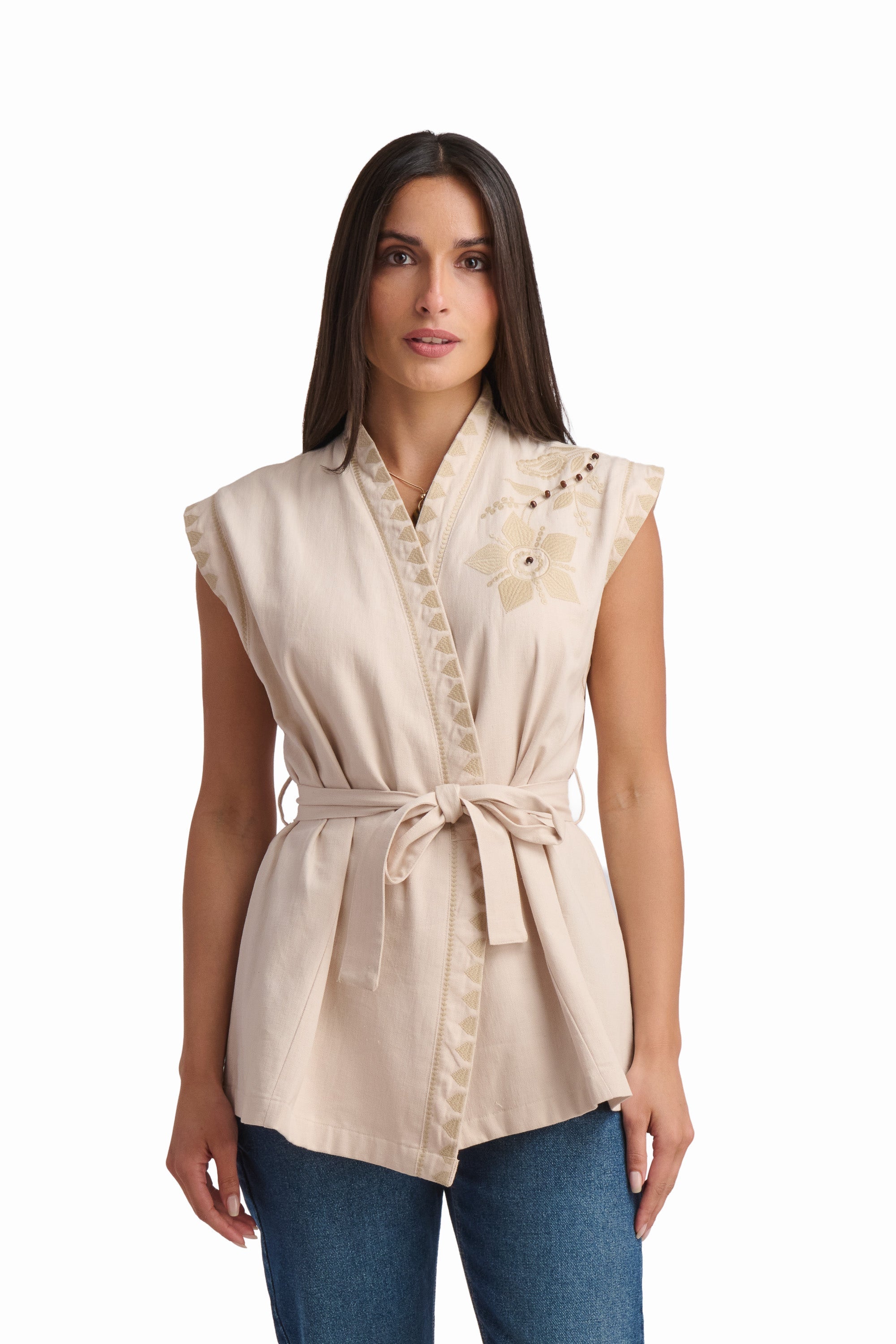 Beige Embroidered Sleeveless Vest