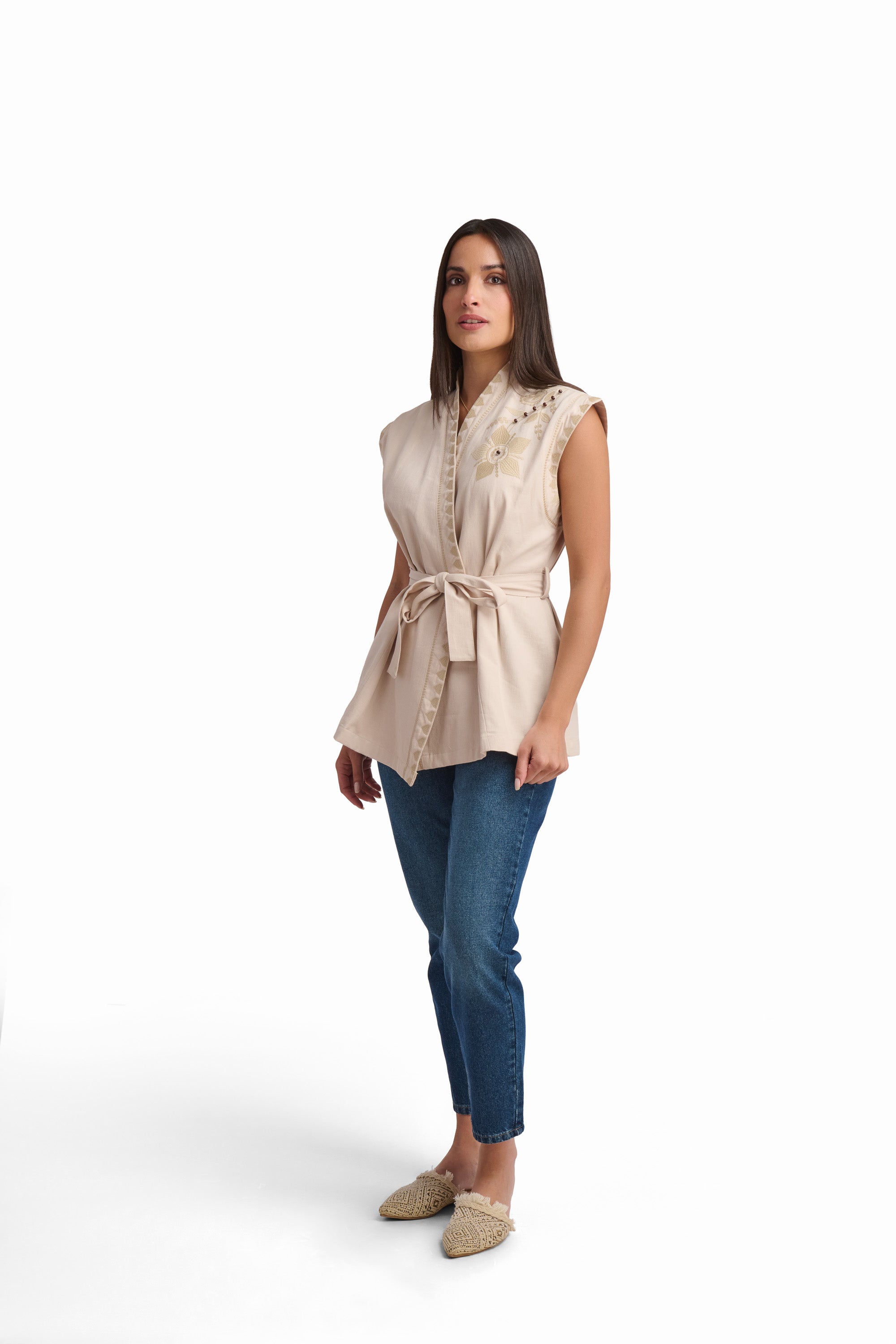 Beige Embroidered Sleeveless Vest