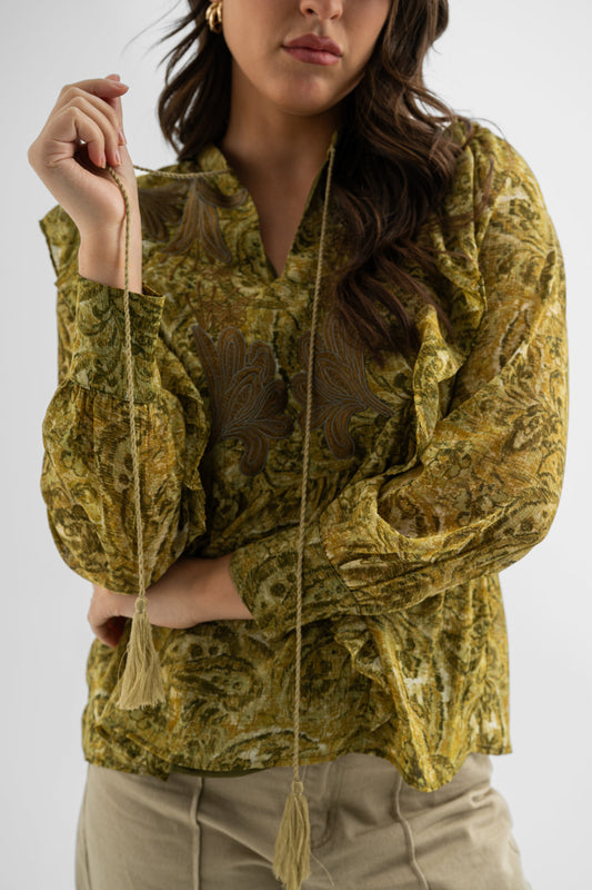 Golden Baroque Ruffle Blouse