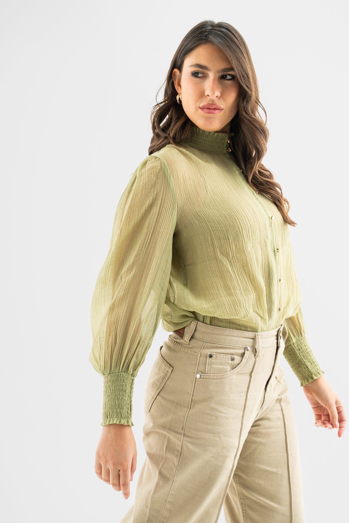 Olive Whisper High-Neck Blouse
