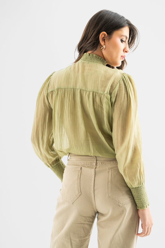 Olive Whisper High-Neck Blouse