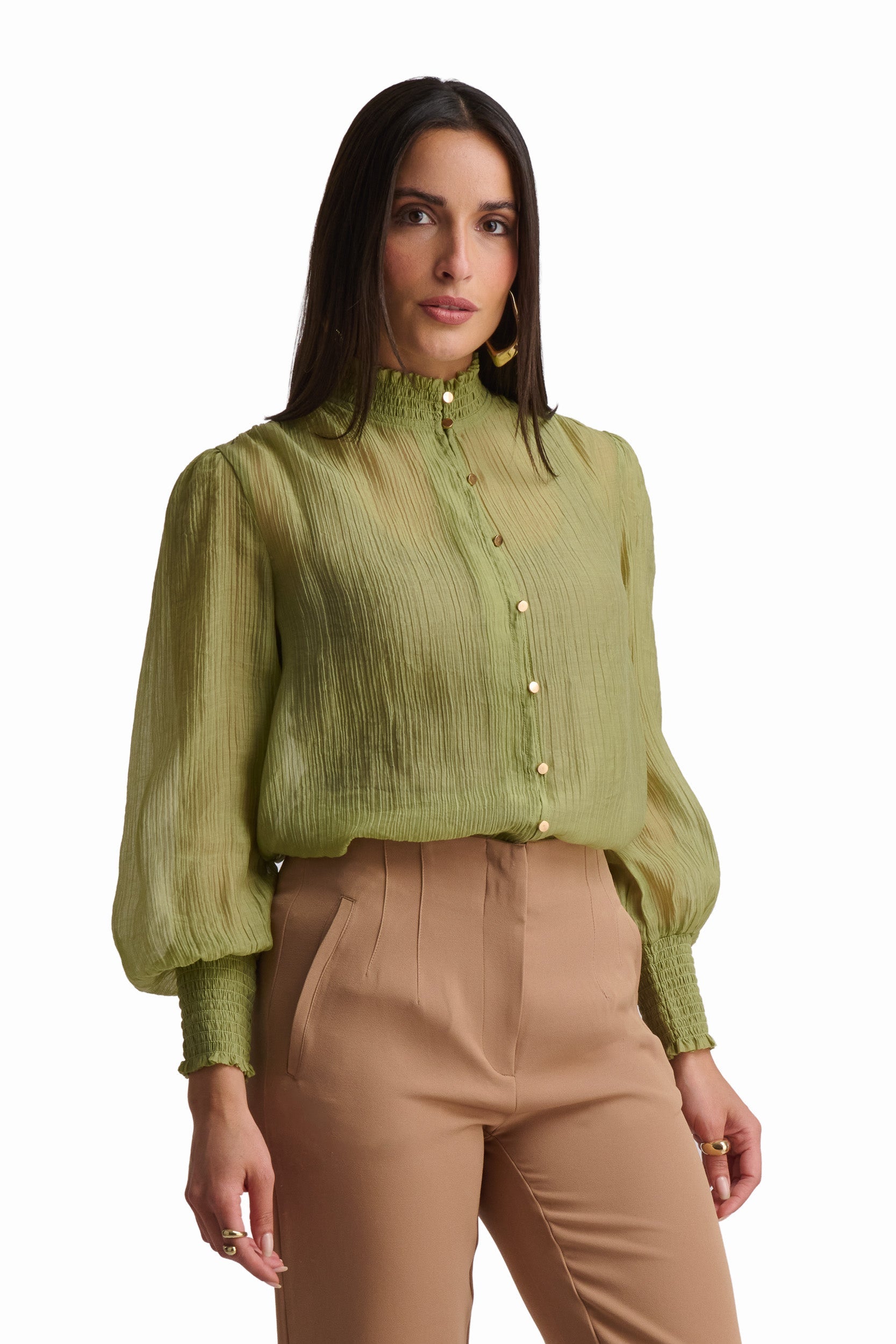 Olive Whisper High-Neck Blouse