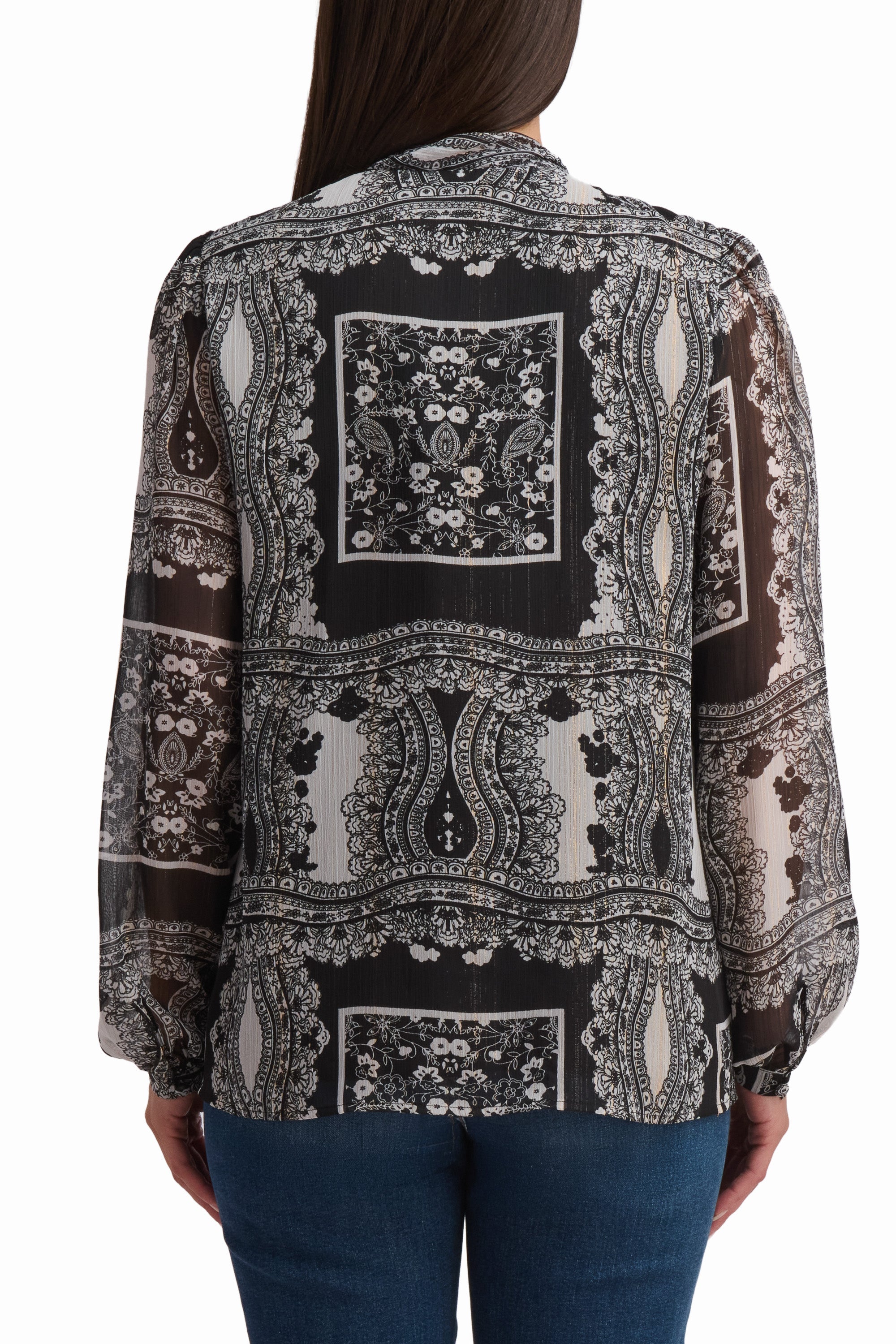 Black Long-Sleeve Blouse with Ornamental Design