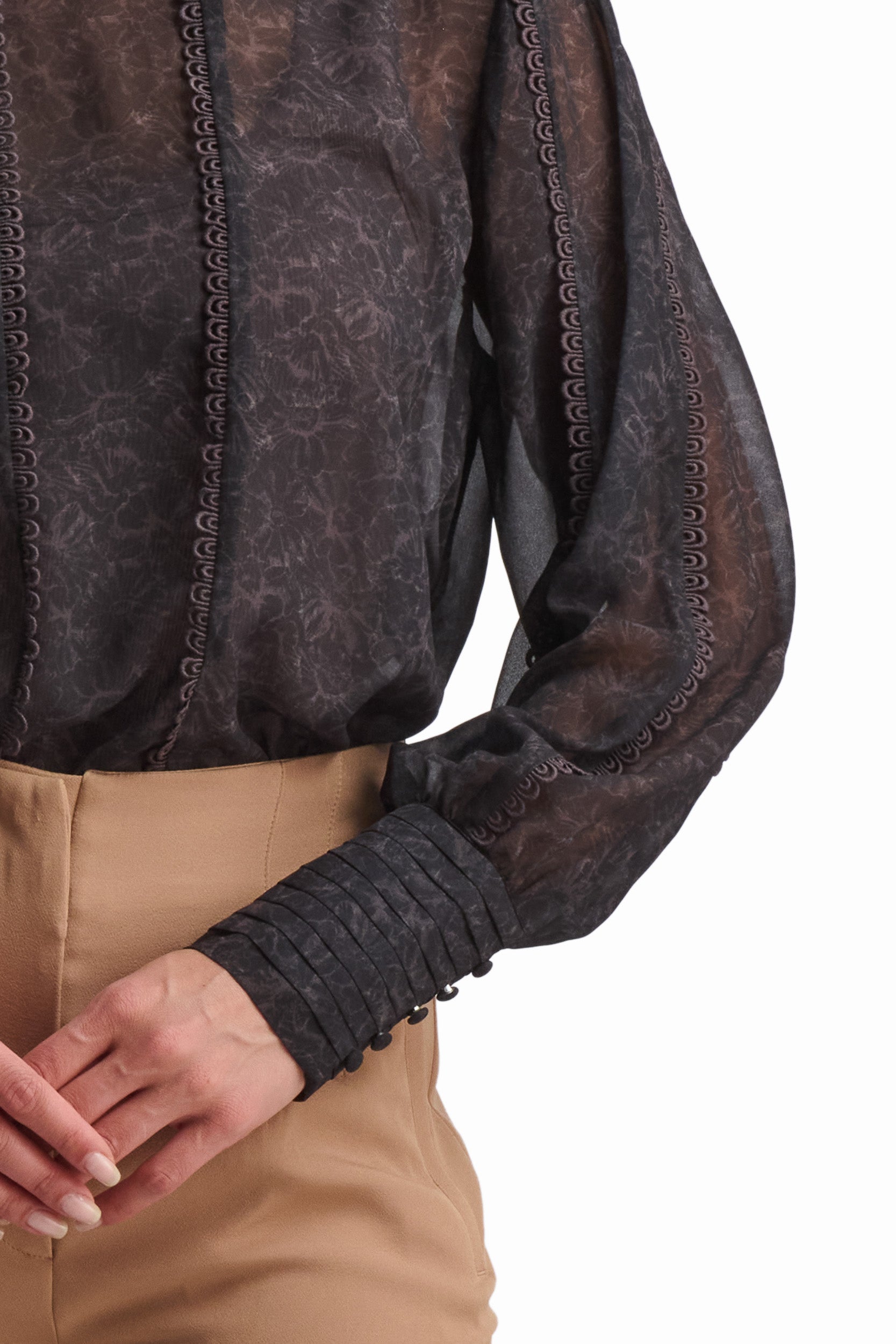 Black Long-Sleeve Blouse with Textured Detail