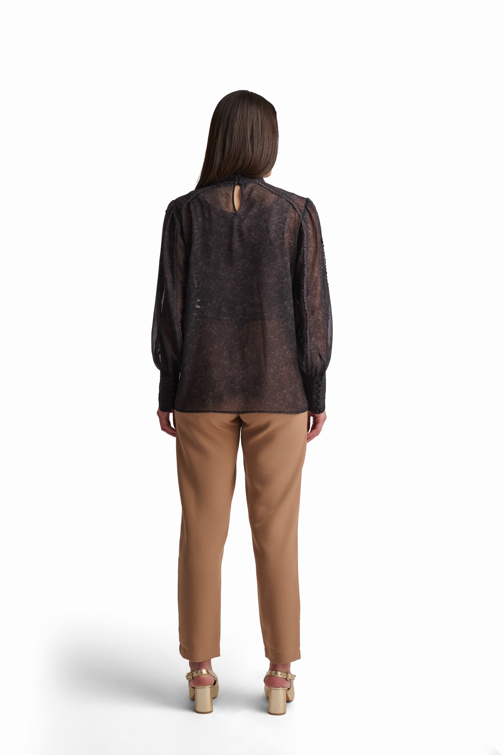 Black Long-Sleeve Blouse with Textured Detail