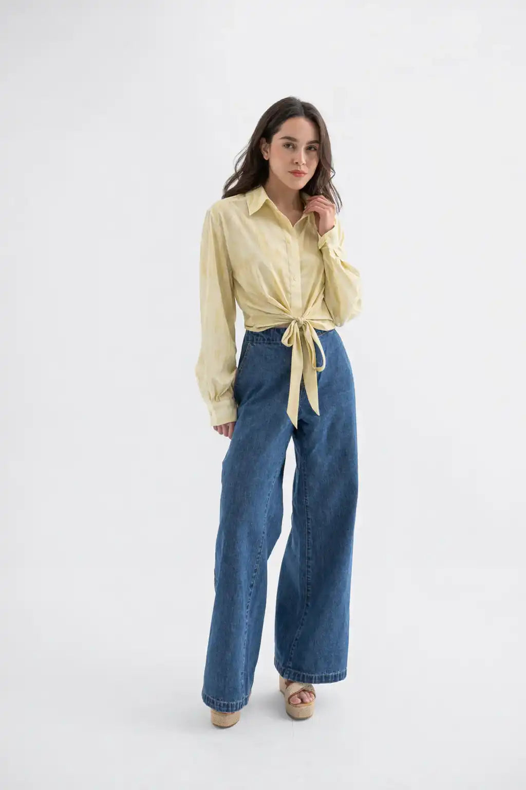 Golden Tie-Waist Satin Blouse