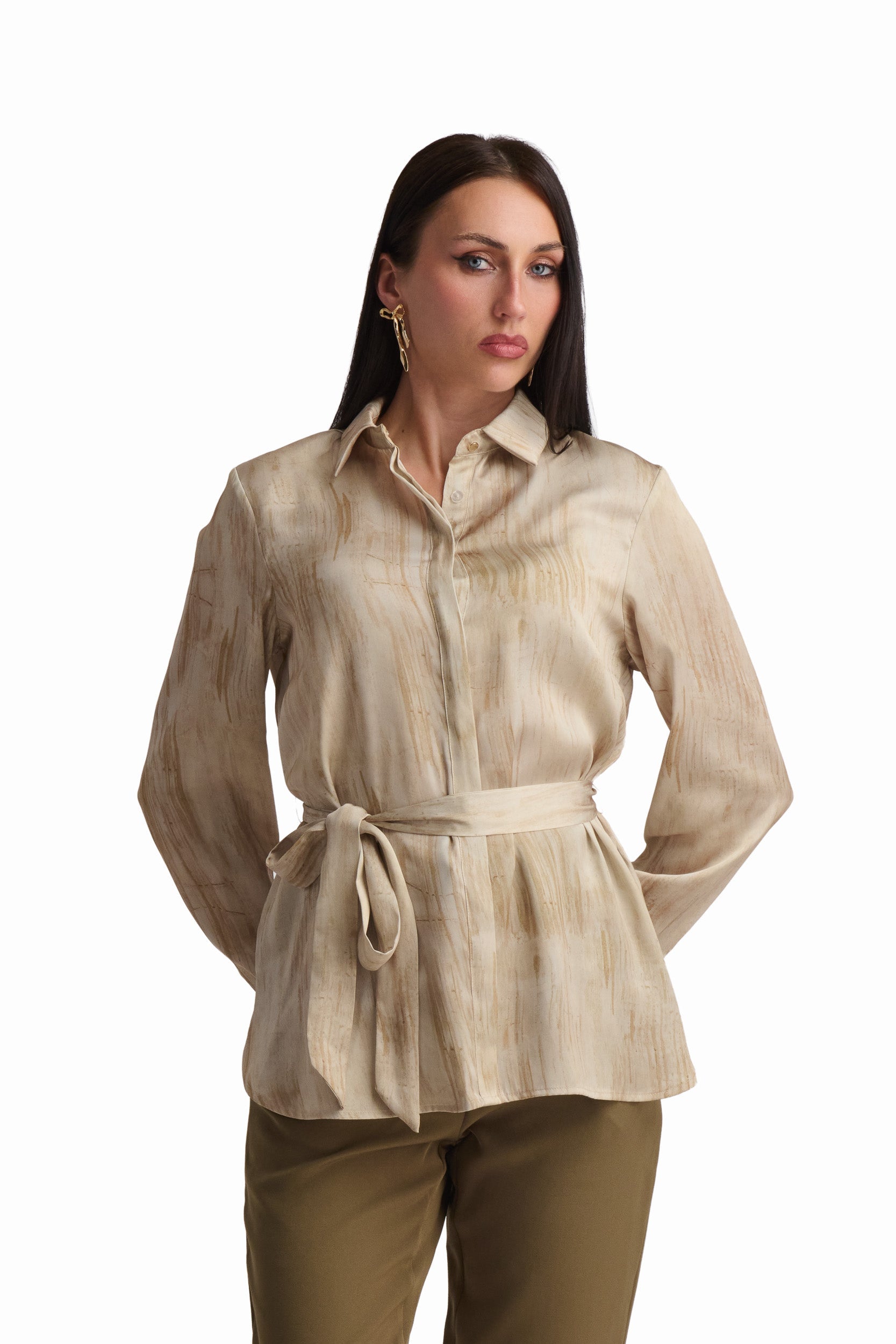 Golden Tie-Waist Satin Blouse