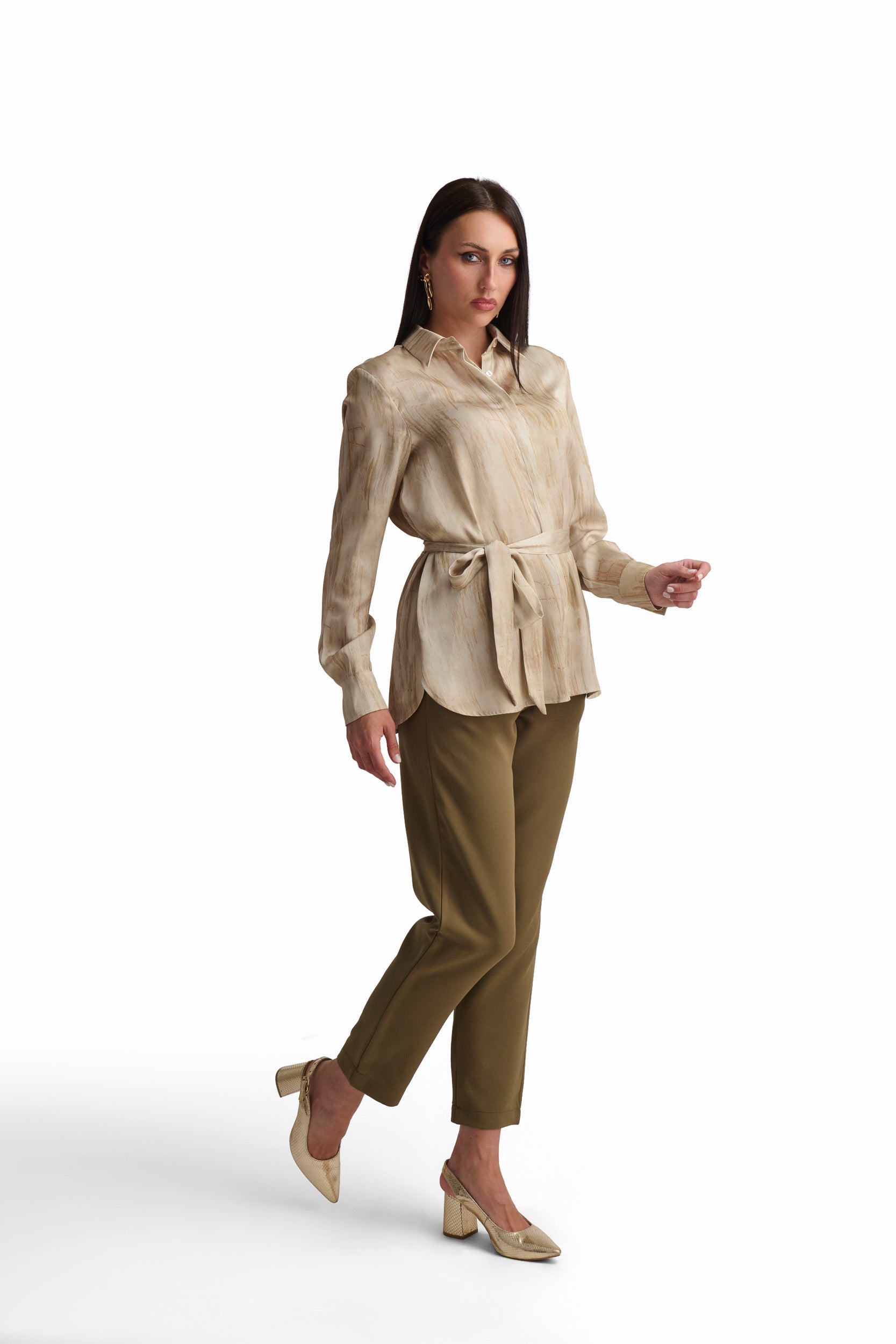 Golden Tie-Waist Satin Blouse