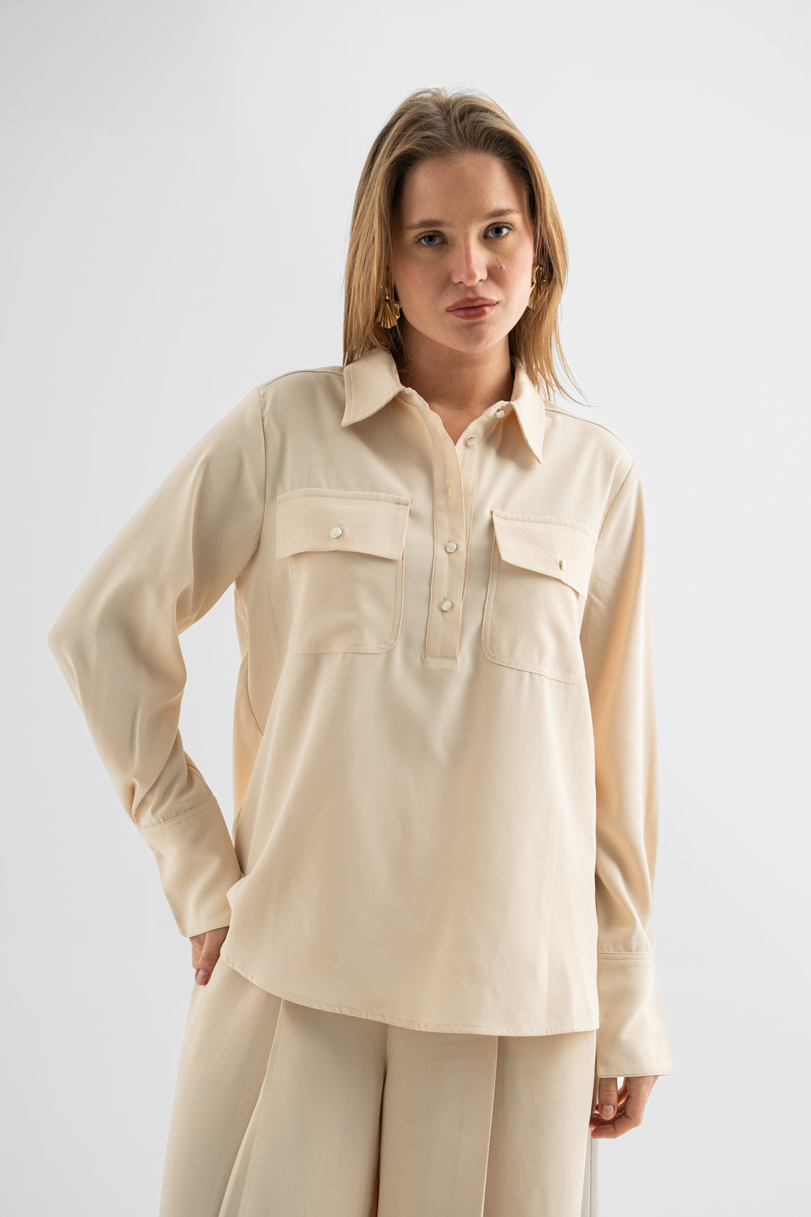 Chic Beige Utility Blouse