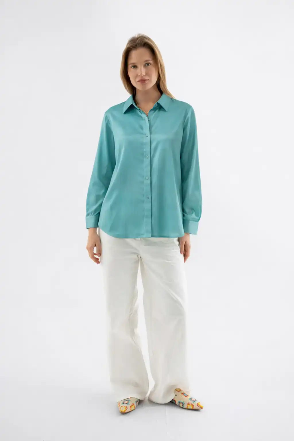 Silk-Touch Aqua Button-Up Blouse