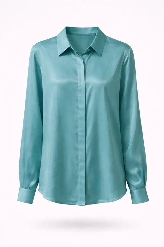 Silk-Touch Aqua Button-Up Blouse