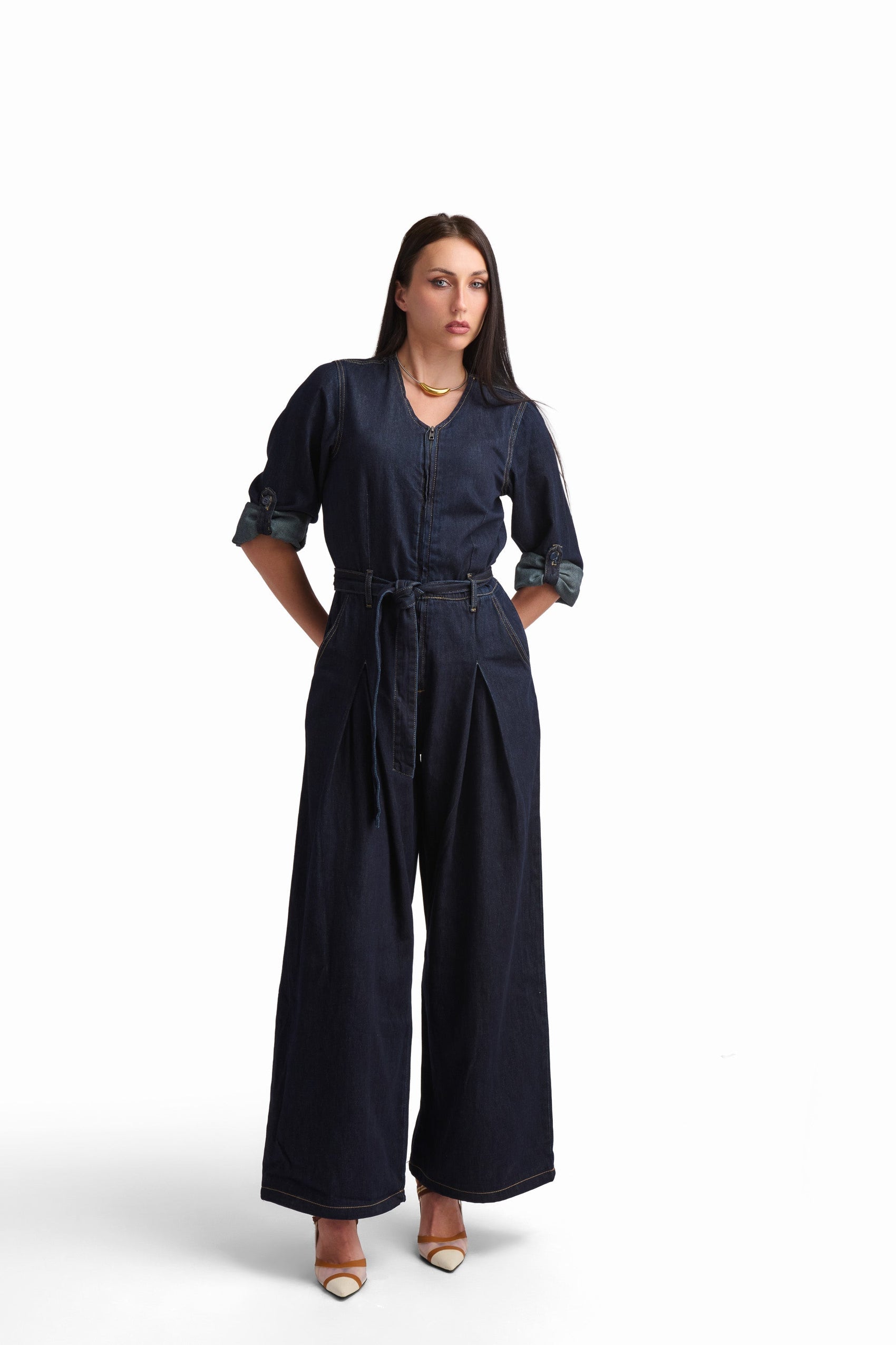 Belted Denim Wide-Leg Jumpsuit