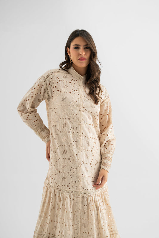 Vintage Inspired Embroidered Maxi – Cream Eyelet Dress