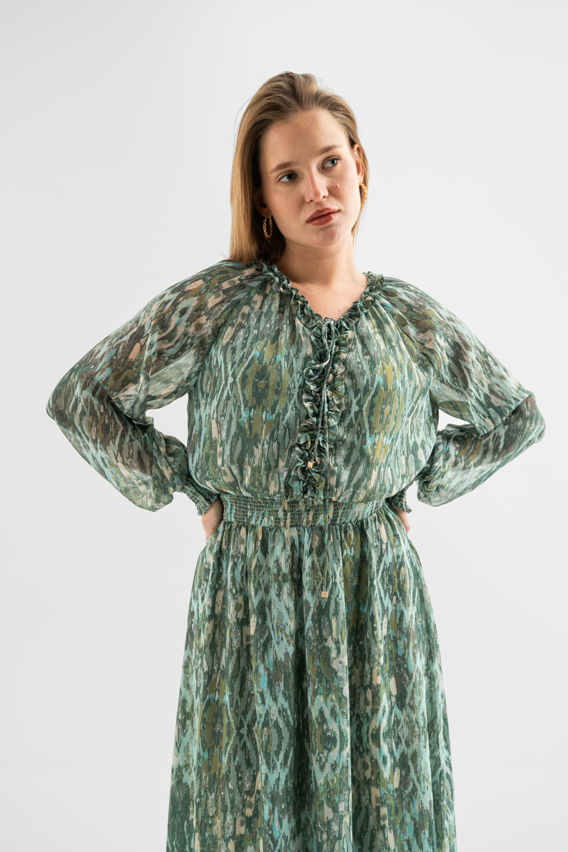 Deep Emerald Ruffle-Detail Maxi Dress