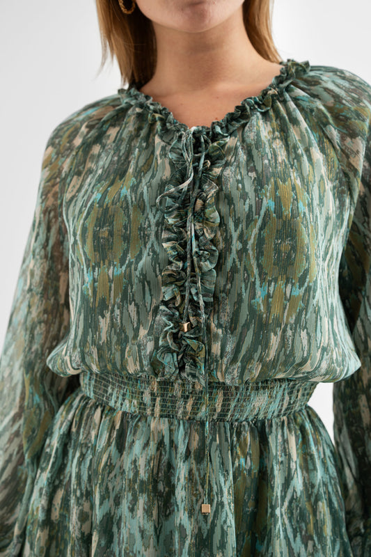 Deep Emerald Ruffle-Detail Maxi Dress