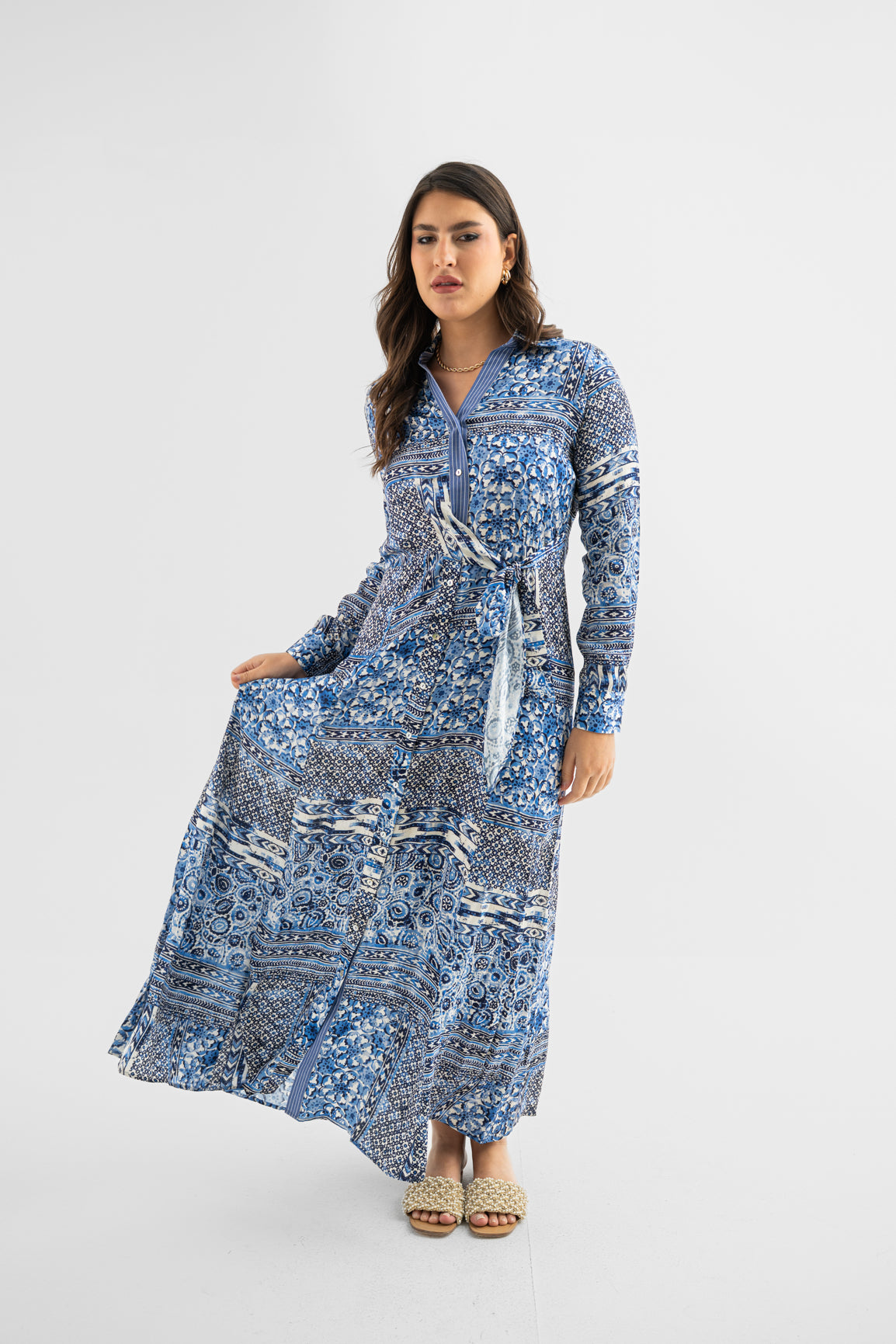 Blue Patchwork Print Viscose Maxi Dress