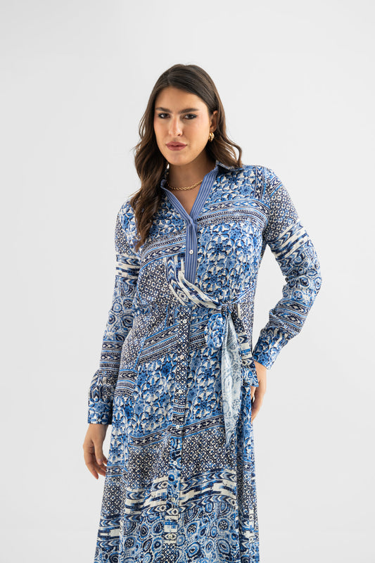 Blue Patchwork Print Viscose Maxi Dress