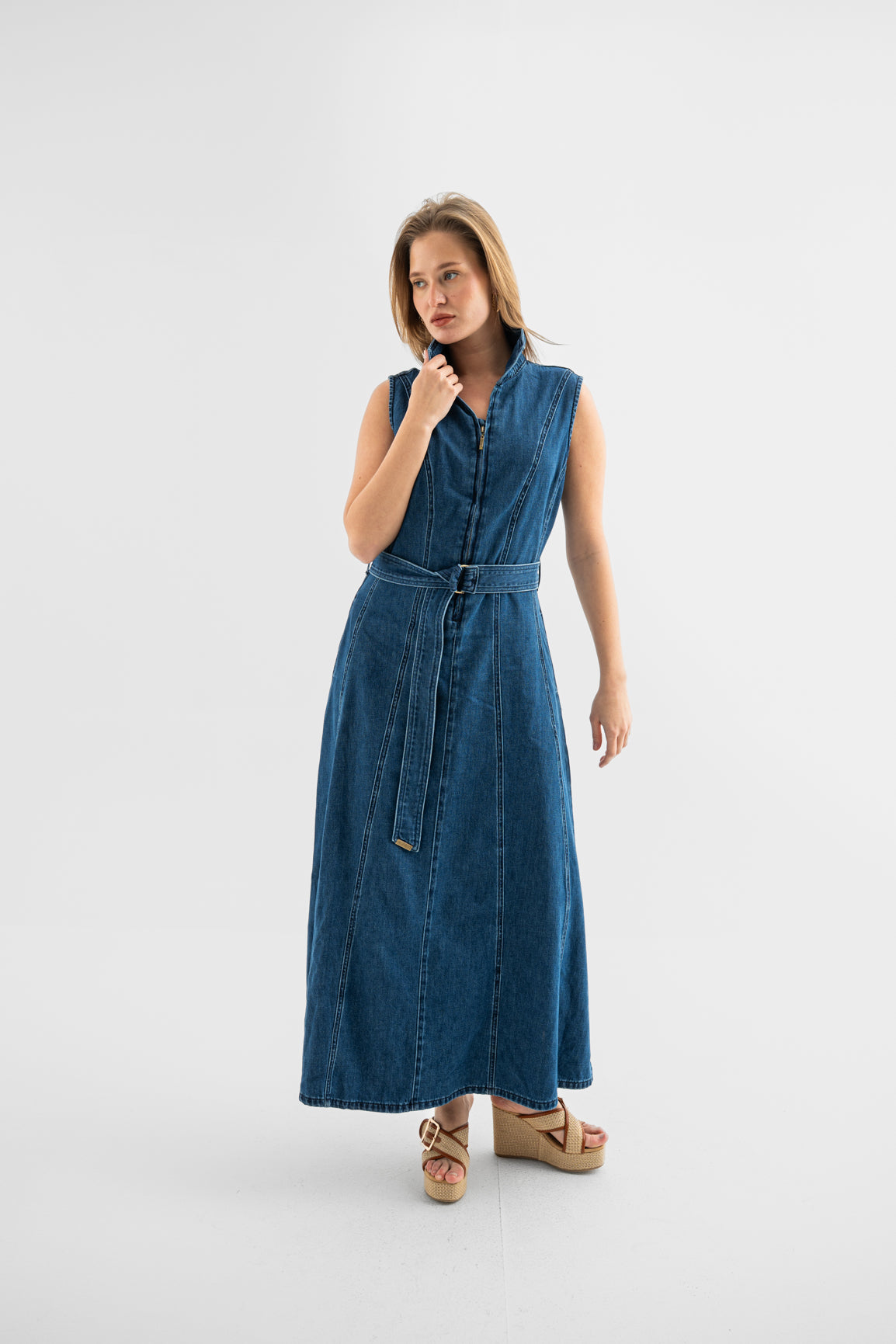 Indigo Belted Denim Maxi Dress