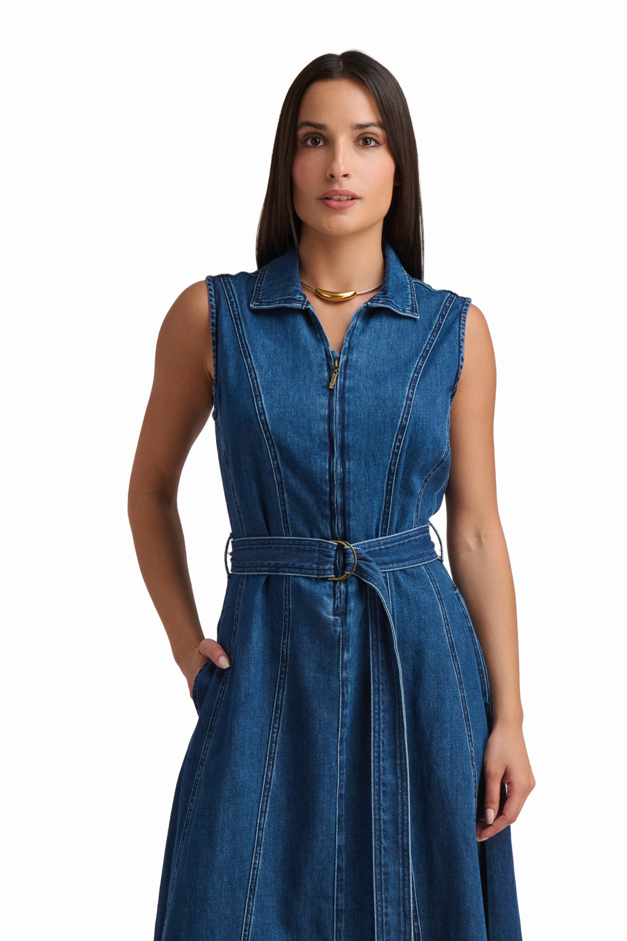 Indigo Belted Denim Maxi Dress